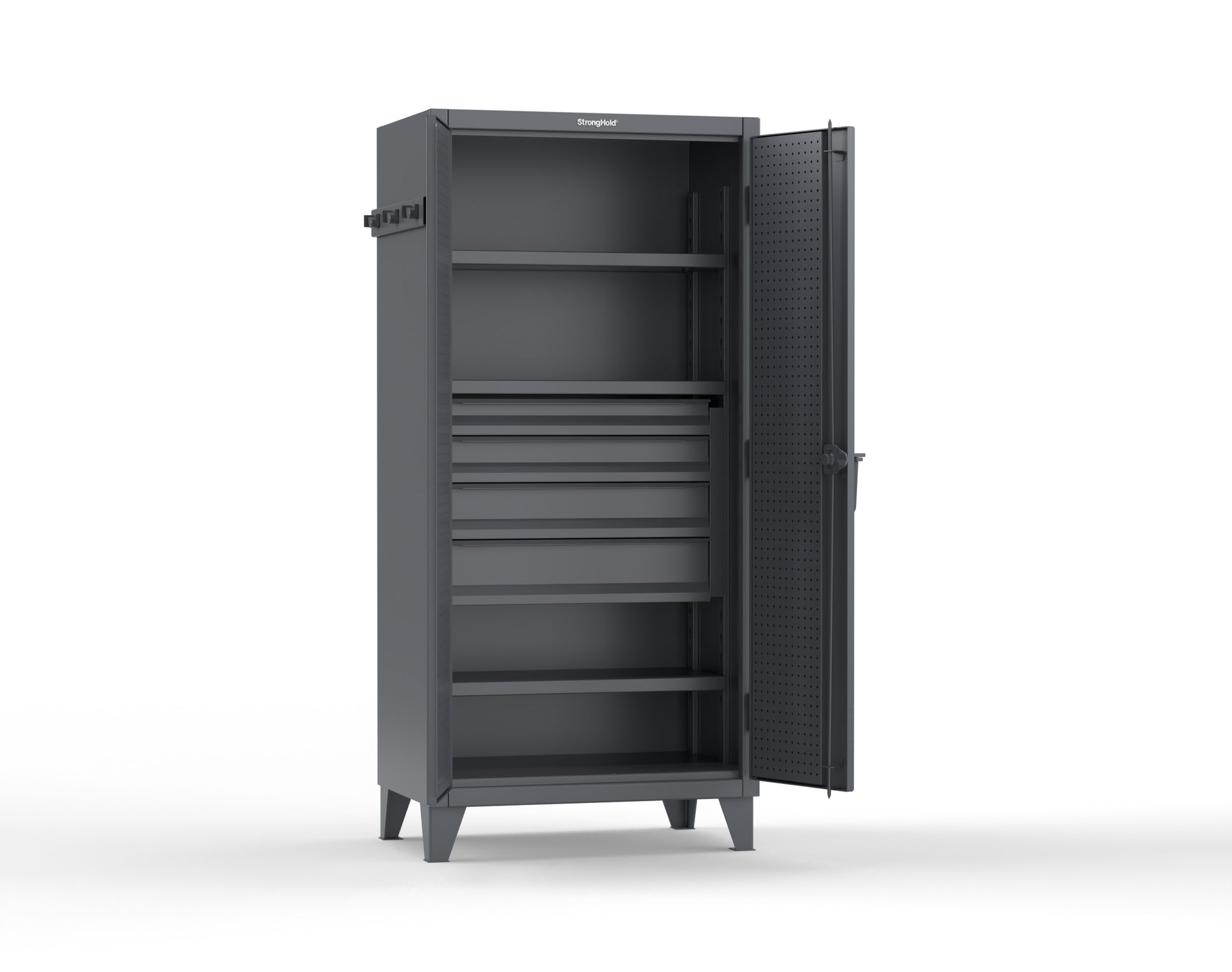 Extreme Duty 12 GA Cabinet with Pegboard Doors, Broom Handles, 4 Drawers, 3 Shelves - 36 In. W x 24 In. D x 78 In. H - 36-PB-243-4DB-BH-7024