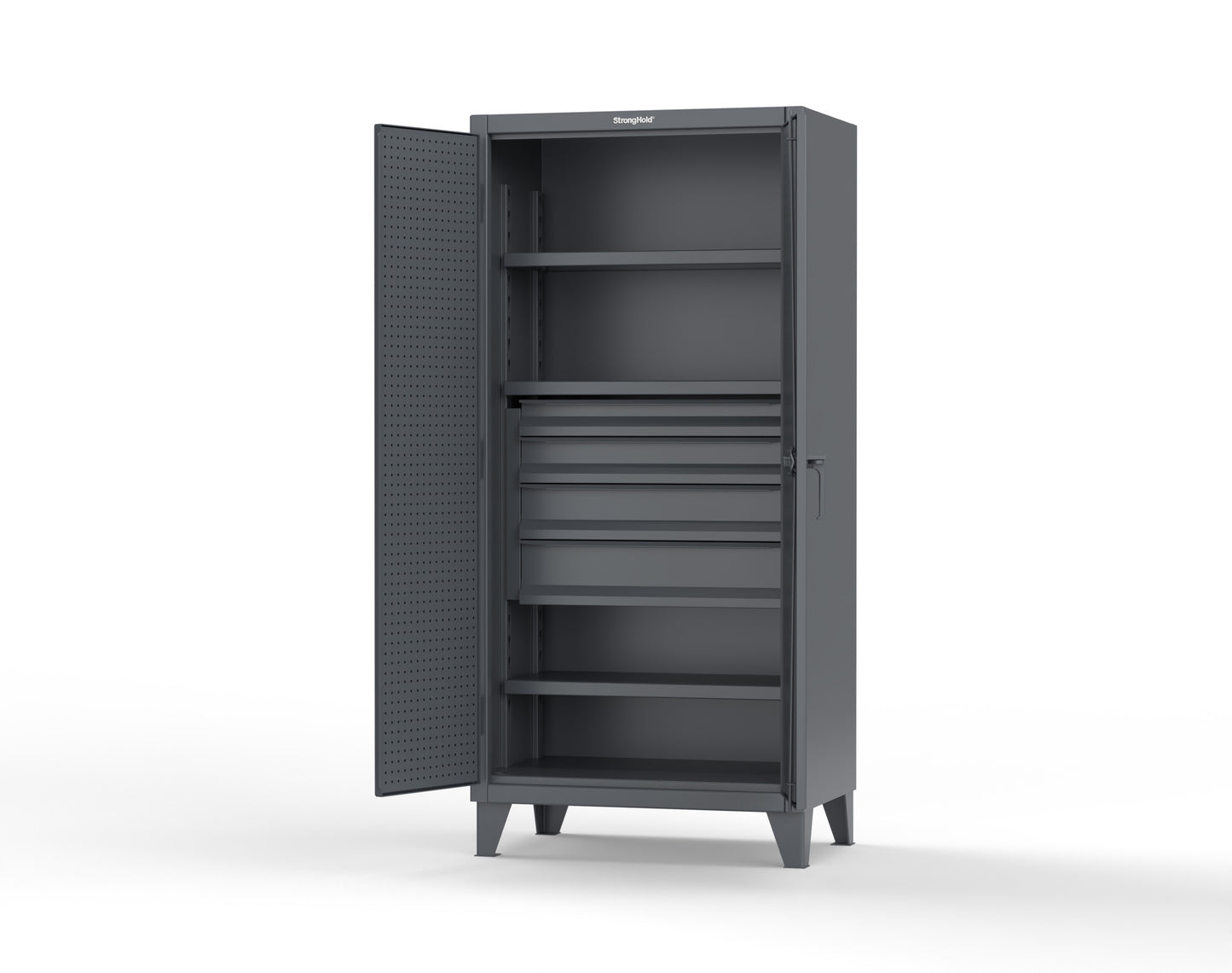Extreme Duty 12 GA Cabinet with Pegboard Doors, Broom Handles, 4 Drawers, 3 Shelves - 36 In. W x 24 In. D x 78 In. H - 36-PB-243-4DB-BH-7024