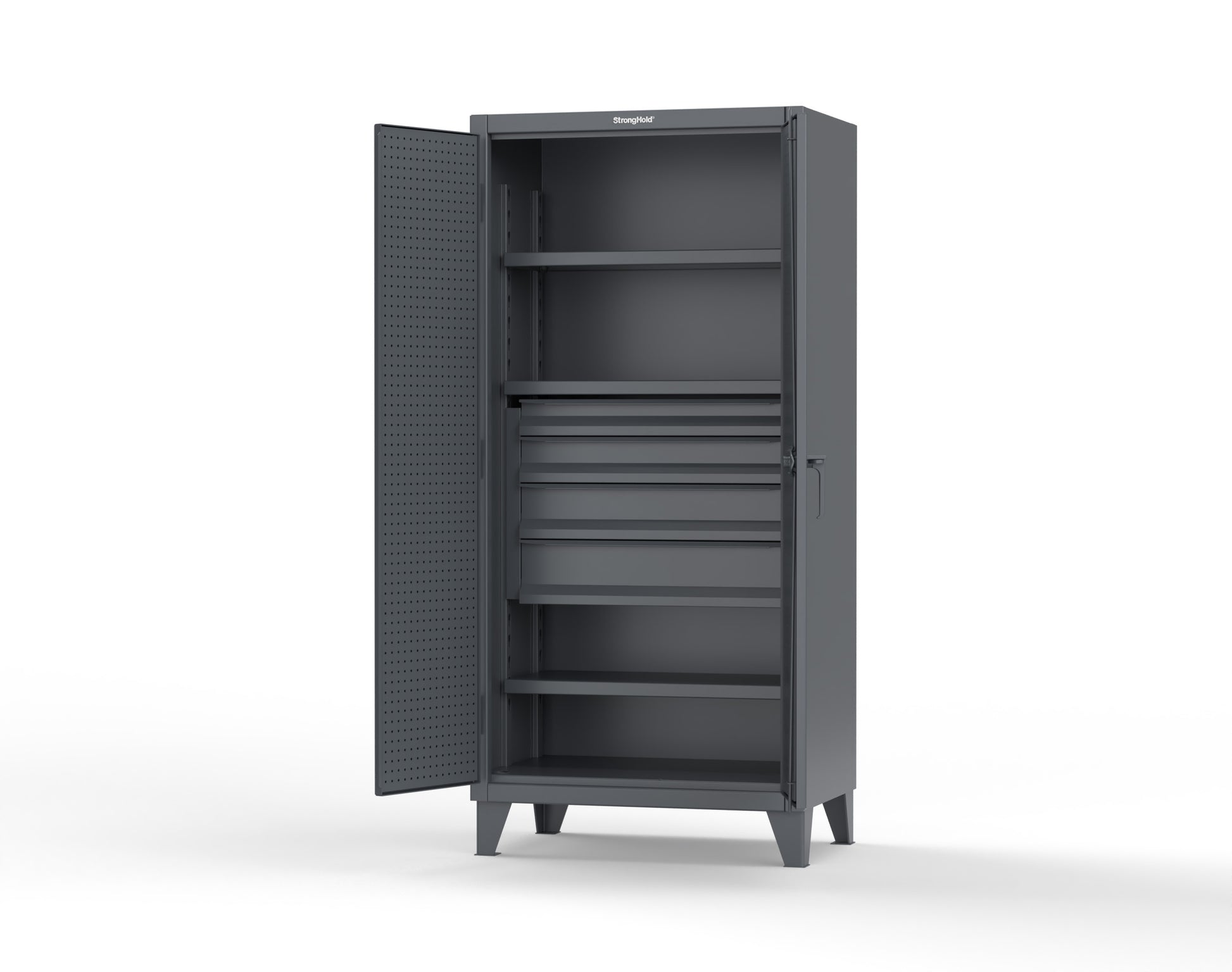 Extreme Duty 12 GA Cabinet with Pegboard Doors, Broom Handles, 4 Drawers, 3 Shelves - 36 In. W x 24 In. D x 78 In. H - 36-PB-243-4DB-BH-7024