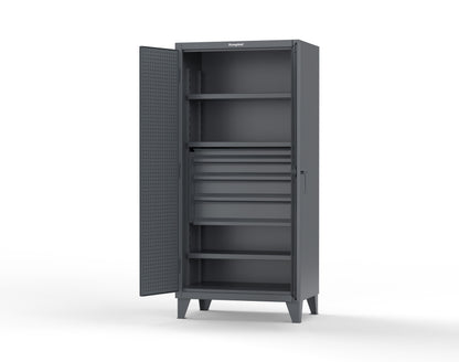 Extreme Duty 12 GA Cabinet with Pegboard Doors, Broom Handles, 4 Drawers, 3 Shelves - 36 In. W x 24 In. D x 78 In. H - 36-PB-243-4DB-BH-7024