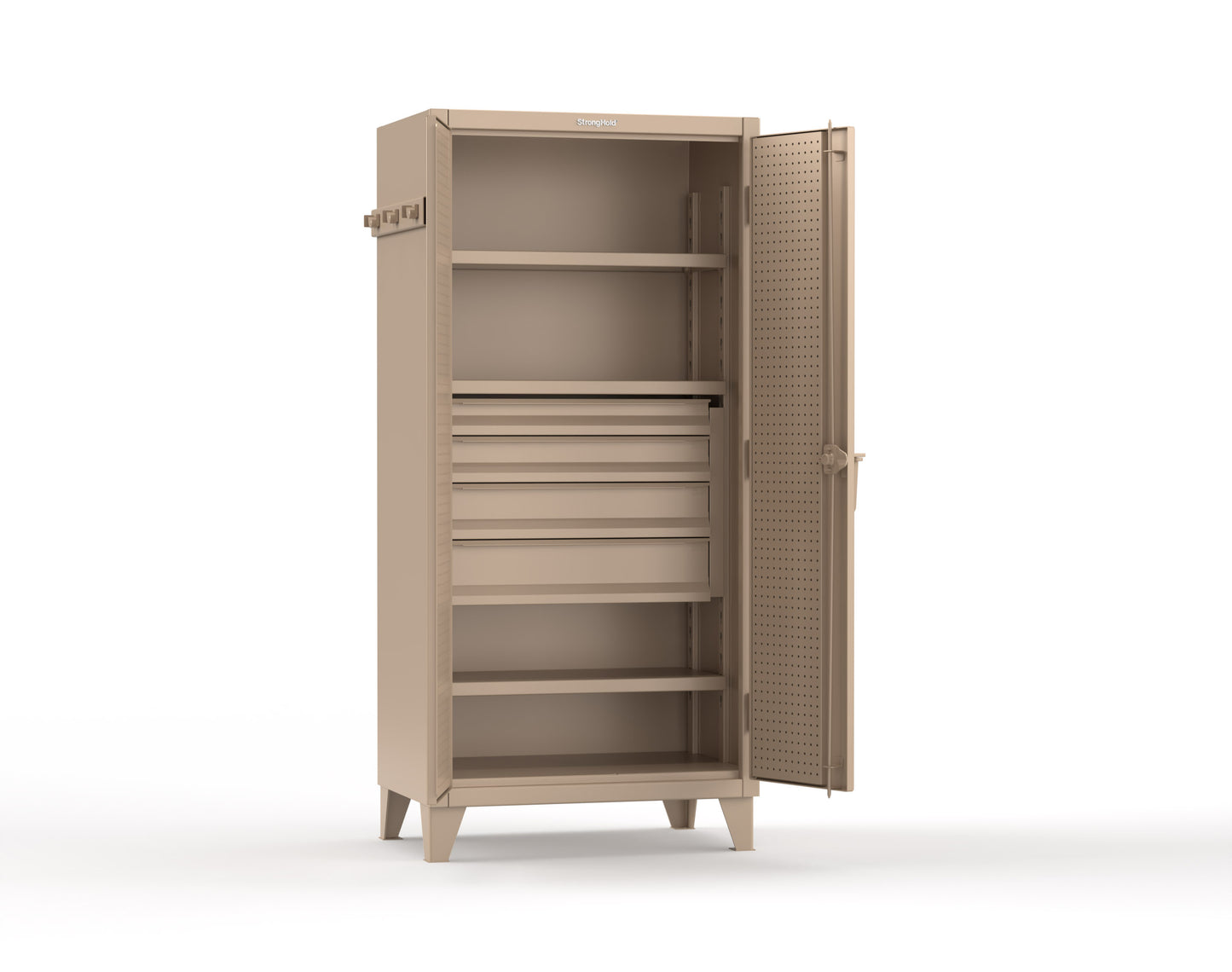 Extreme Duty 12 GA Cabinet with Pegboard Doors, Broom Handles, 4 Drawers, 3 Shelves - 36 In. W x 24 In. D x 78 In. H - 36-PB-243-4DB-BH-1019