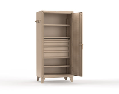 Extreme Duty 12 GA Cabinet with Pegboard Doors, Broom Handles, 4 Drawers, 3 Shelves - 36 In. W x 24 In. D x 78 In. H - 36-PB-243-4DB-BH-1019