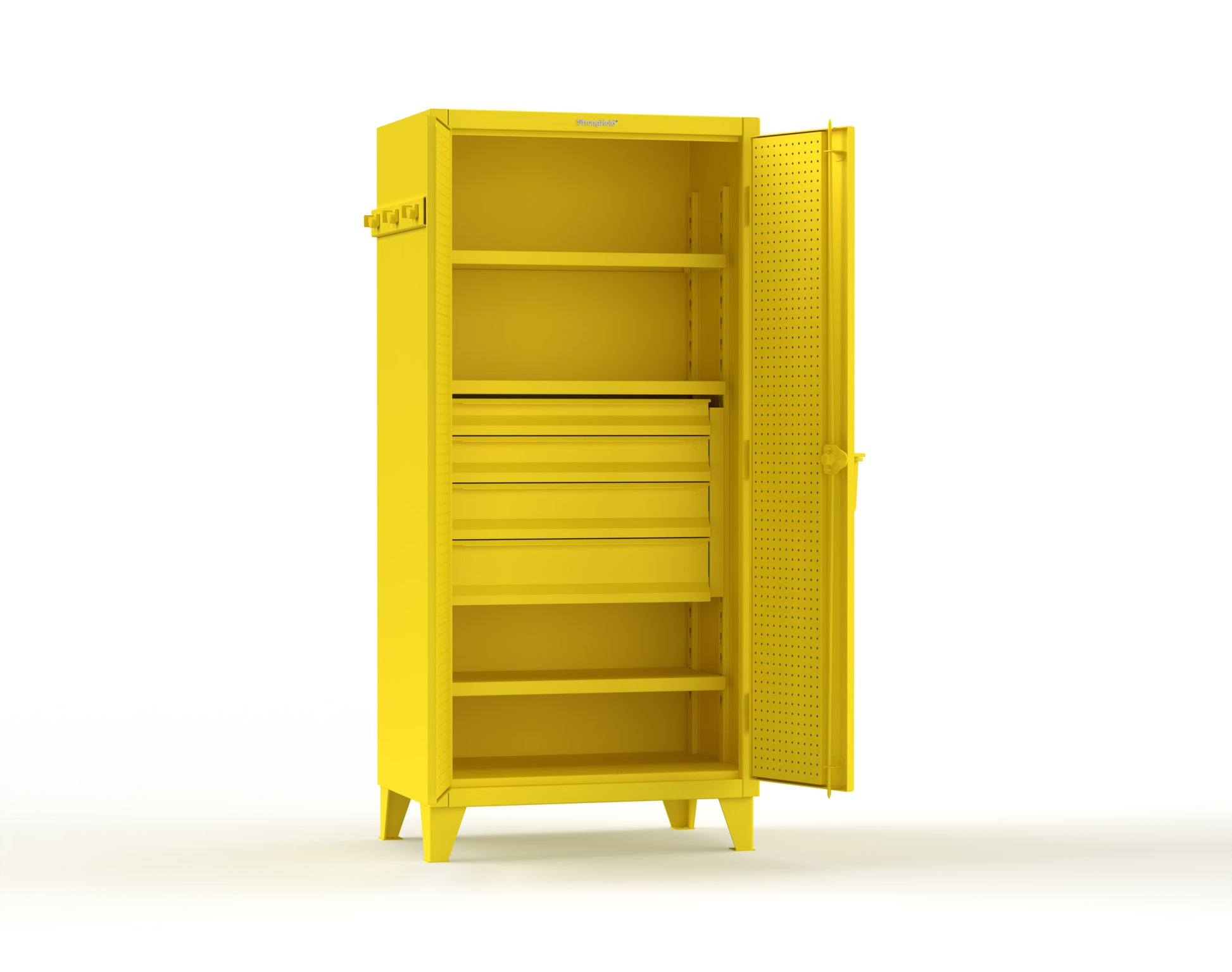 Extreme Duty 12 GA Cabinet with Pegboard Doors, Broom Handles, 4 Drawers, 3 Shelves - 36 In. W x 24 In. D x 78 In. H - 36-PB-243-4DB-BH-1021