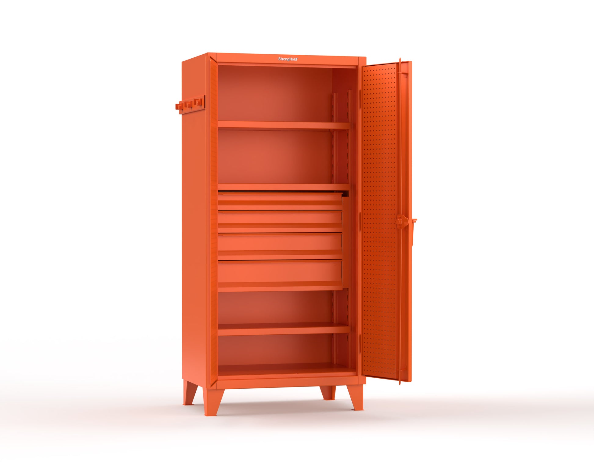Extreme Duty 12 GA Cabinet with Pegboard Doors, Broom Handles, 4 Drawers, 3 Shelves - 36 In. W x 24 In. D x 78 In. H - 36-PB-243-4DB-BH-2009