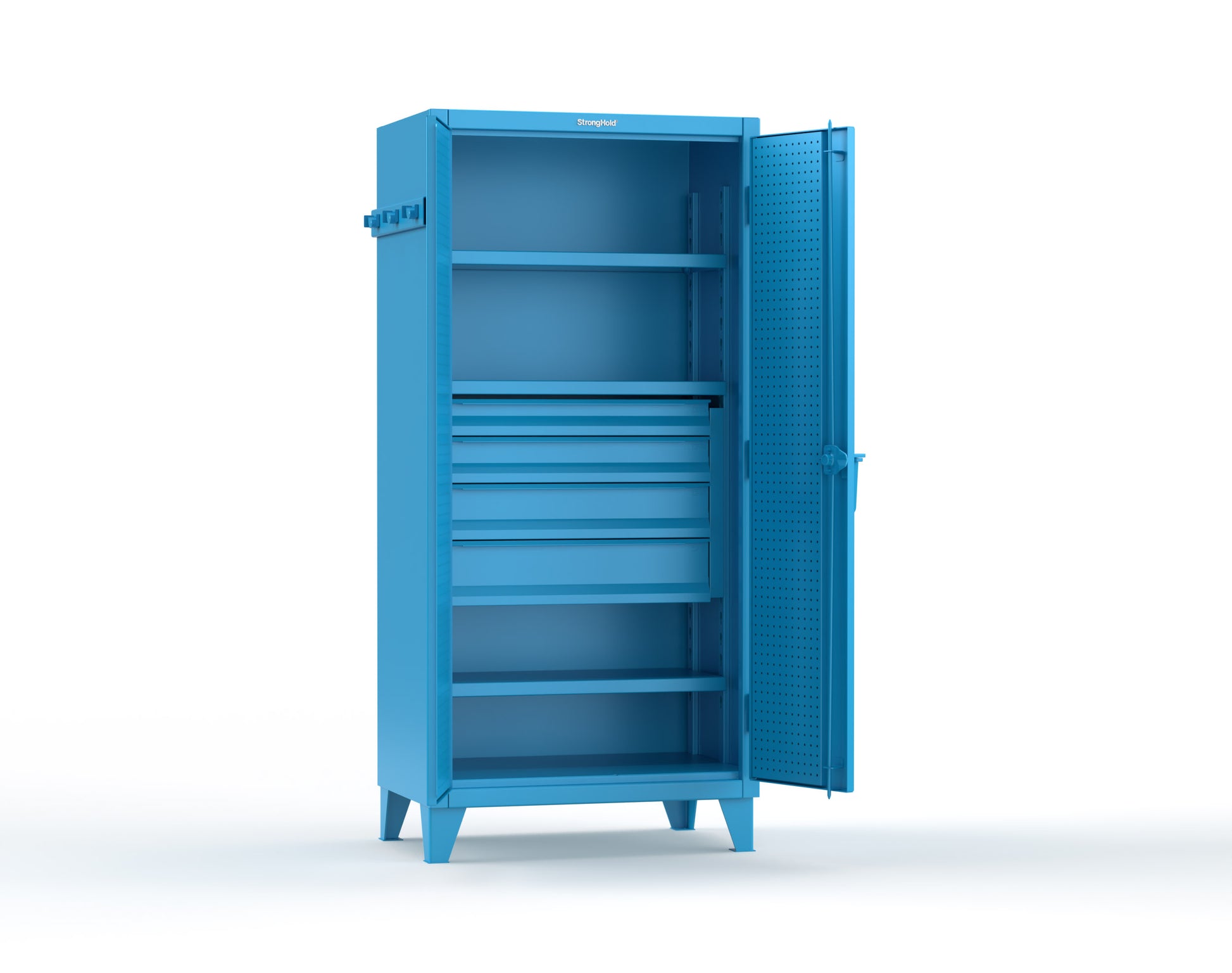 Extreme Duty 12 GA Cabinet with Pegboard Doors, Broom Handles, 4 Drawers, 3 Shelves - 36 In. W x 24 In. D x 78 In. H - 36-PB-243-4DB-BH-5012