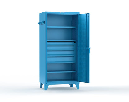 Extreme Duty 12 GA Cabinet with Pegboard Doors, Broom Handles, 4 Drawers, 3 Shelves - 36 In. W x 24 In. D x 78 In. H - 36-PB-243-4DB-BH-5012
