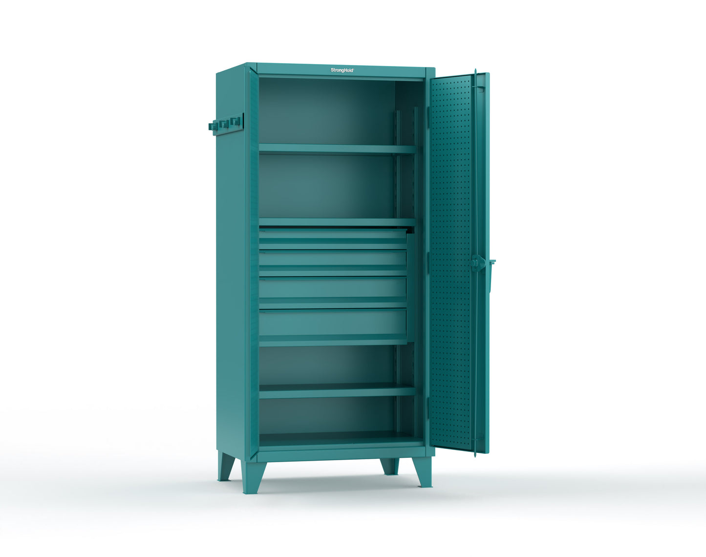 Extreme Duty 12 GA Cabinet with Pegboard Doors, Broom Handles, 4 Drawers, 3 Shelves - 36 In. W x 24 In. D x 78 In. H - 36-PB-243-4DB-BH-5021