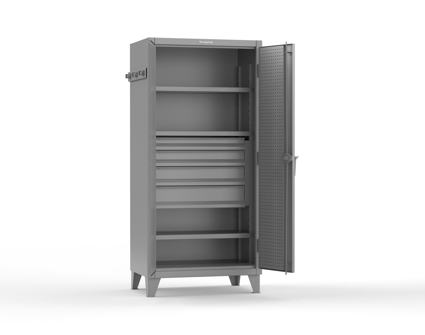 Extreme Duty 12 GA Cabinet with Pegboard Doors, Broom Handles, 4 Drawers, 3 Shelves - 36 In. W x 24 In. D x 78 In. H - 36-PB-243-4DB-BH-7037