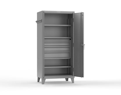 Extreme Duty 12 GA Cabinet with Pegboard Doors, Broom Handles, 4 Drawers, 3 Shelves - 36 In. W x 24 In. D x 78 In. H - 36-PB-243-4DB-BH-7037