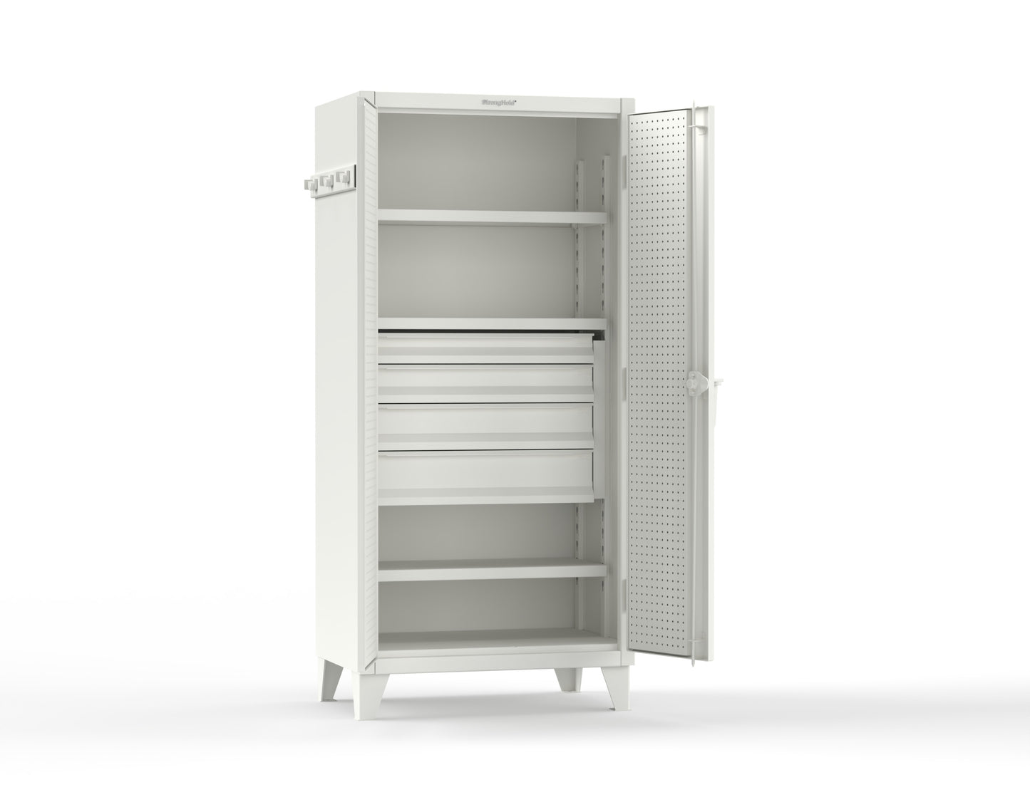 Extreme Duty 12 GA Cabinet with Pegboard Doors, Broom Handles, 4 Drawers, 3 Shelves - 36 In. W x 24 In. D x 78 In. H - 36-PB-243-4DB-BH-9003