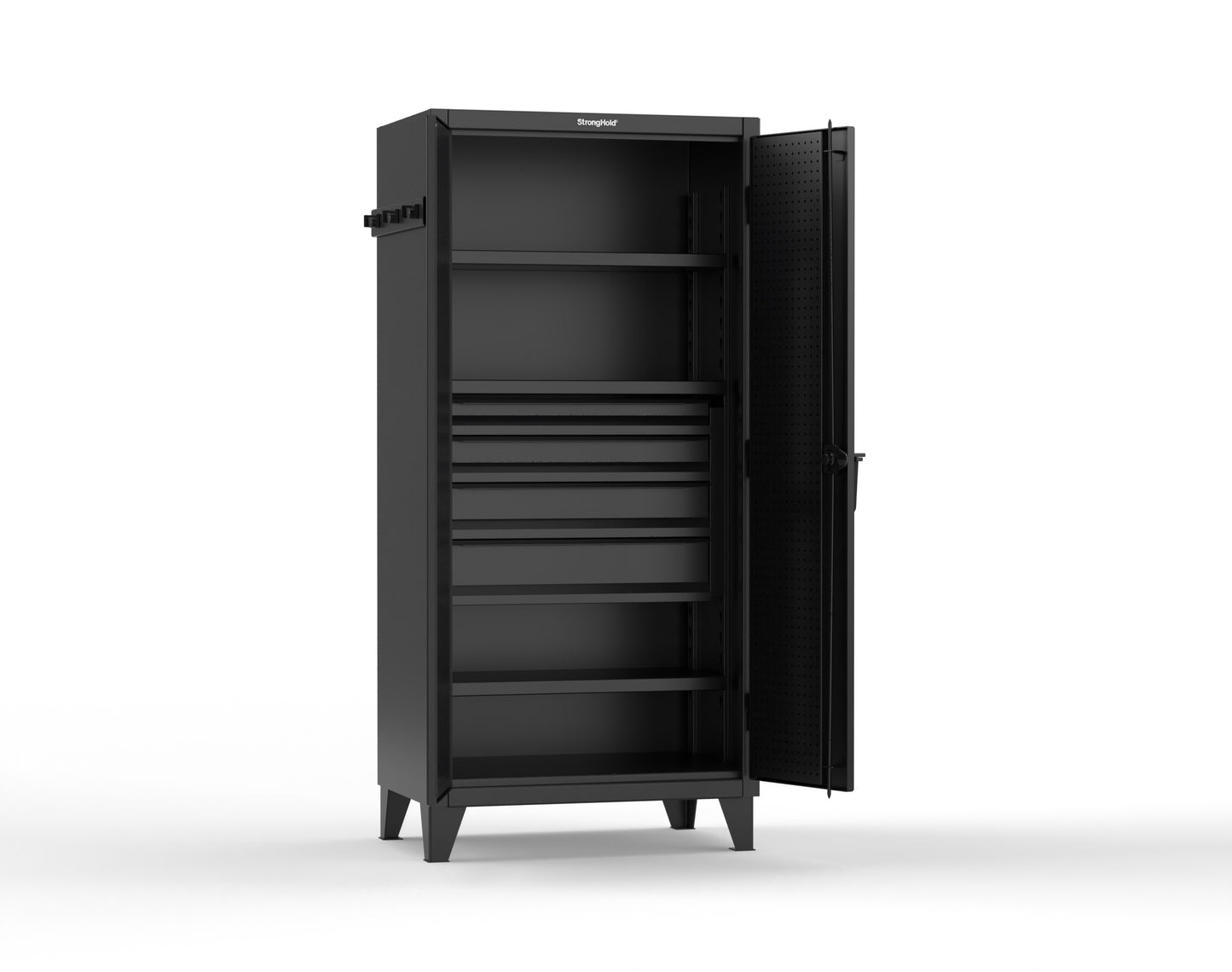 Extreme Duty 12 GA Cabinet with Pegboard Doors, Broom Handles, 4 Drawers, 3 Shelves - 36 In. W x 24 In. D x 78 In. H - 36-PB-243-4DB-BH-9005