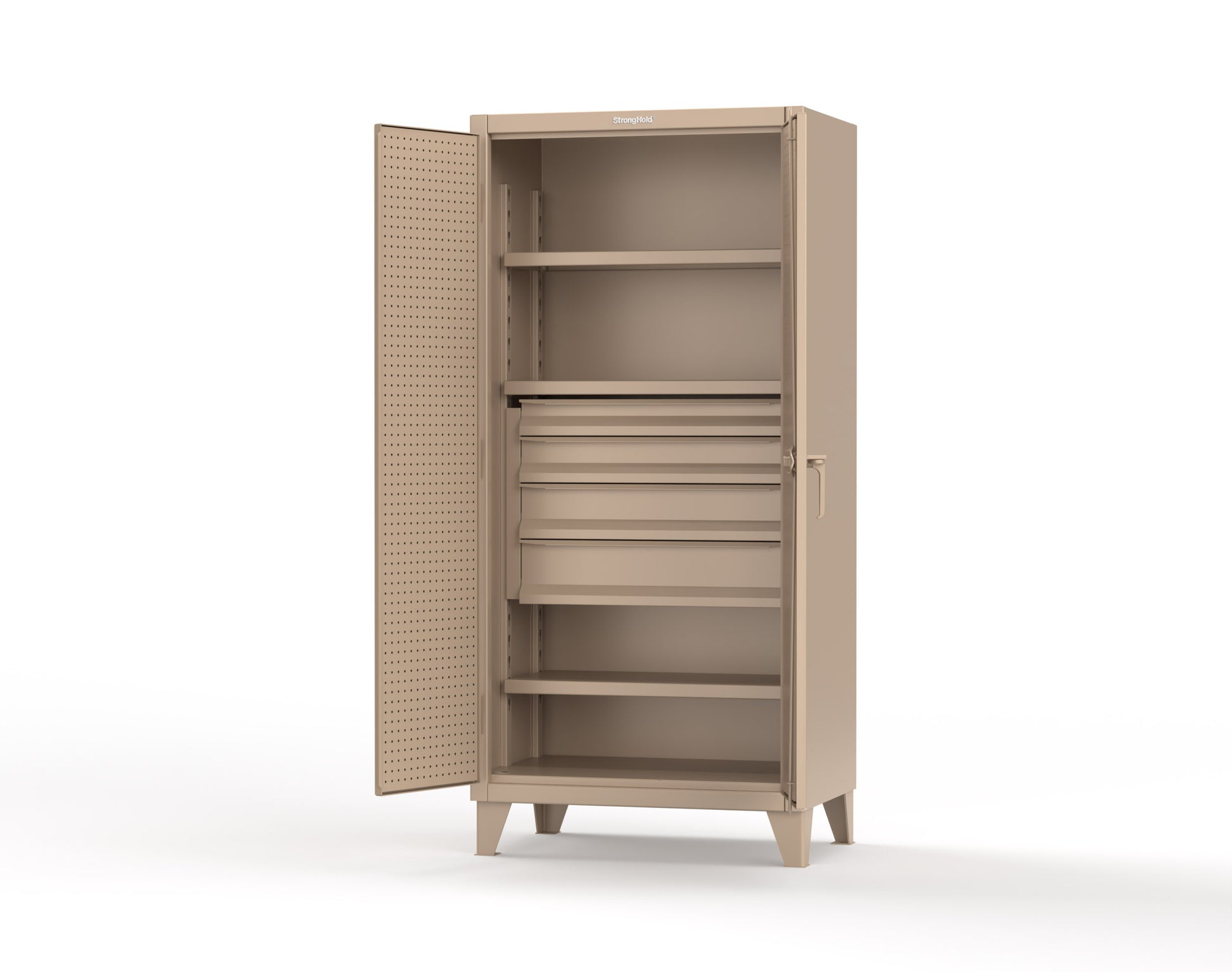Extreme Duty 12 GA Cabinet with Pegboard Doors, Broom Handles, 4 Drawers, 3 Shelves - 36 In. W x 24 In. D x 78 In. H - 36-PB-243-4DB-BH-1019