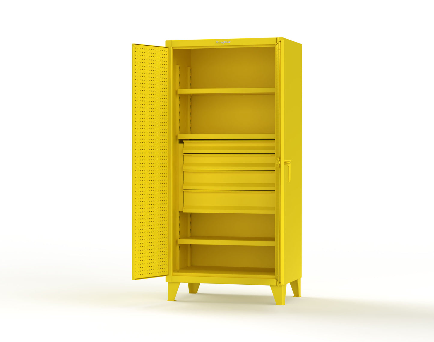 Extreme Duty 12 GA Cabinet with Pegboard Doors, Broom Handles, 4 Drawers, 3 Shelves - 36 In. W x 24 In. D x 78 In. H - 36-PB-243-4DB-BH-1021