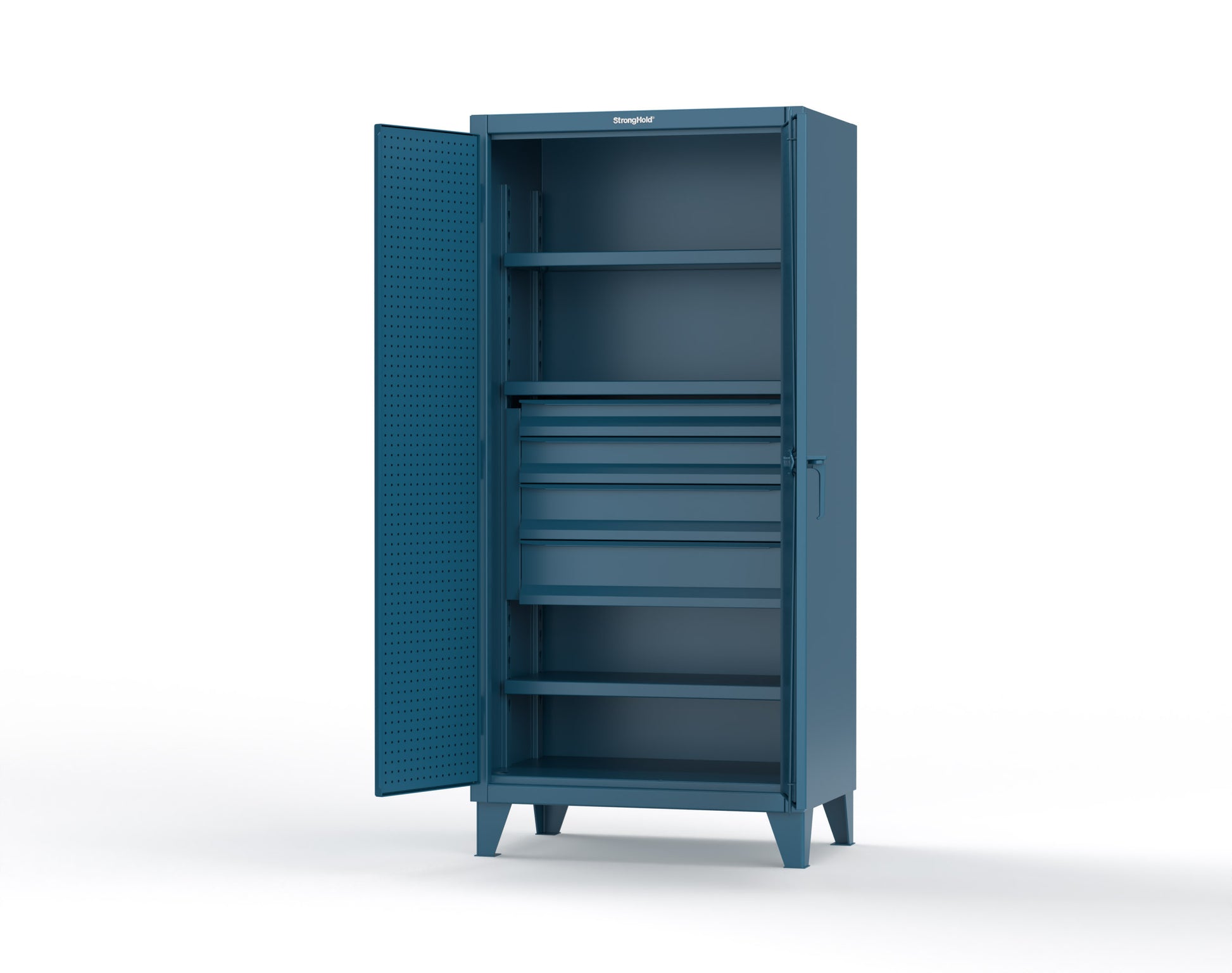 Extreme Duty 12 GA Cabinet with Pegboard Doors, Broom Handles, 4 Drawers, 3 Shelves - 36 In. W x 24 In. D x 78 In. H - 36-PB-243-4DB-BH-5001