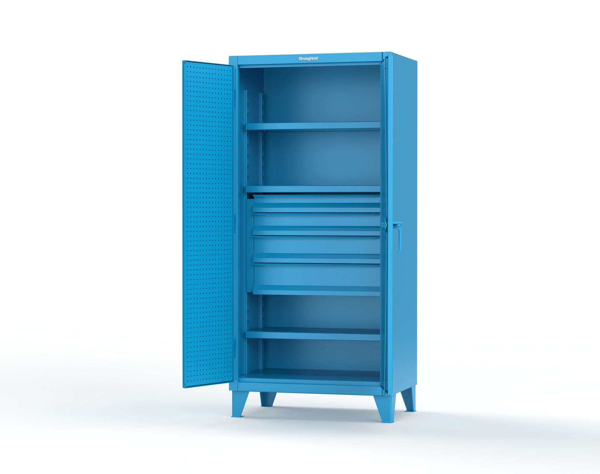 Extreme Duty 12 GA Cabinet with Pegboard Doors, Broom Handles, 4 Drawers, 3 Shelves - 36 In. W x 24 In. D x 78 In. H - 36-PB-243-4DB-BH-5012
