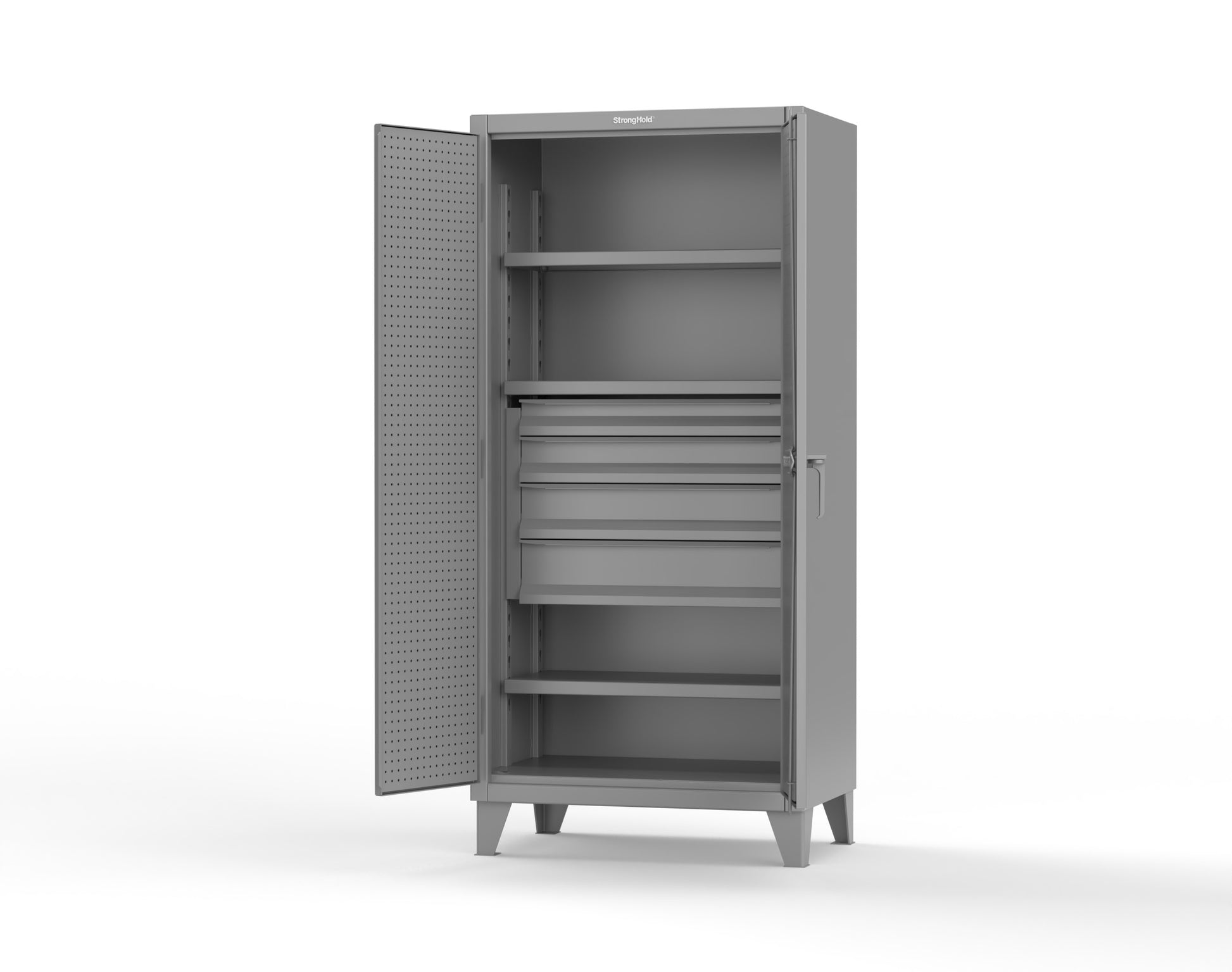 Extreme Duty 12 GA Cabinet with Pegboard Doors, Broom Handles, 4 Drawers, 3 Shelves - 36 In. W x 24 In. D x 78 In. H - 36-PB-243-4DB-BH-7037