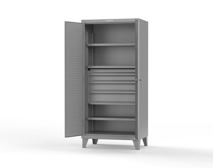 Extreme Duty 12 GA Cabinet with Pegboard Doors, Broom Handles, 4 Drawers, 3 Shelves - 36 In. W x 24 In. D x 78 In. H - 36-PB-243-4DB-BH-7037