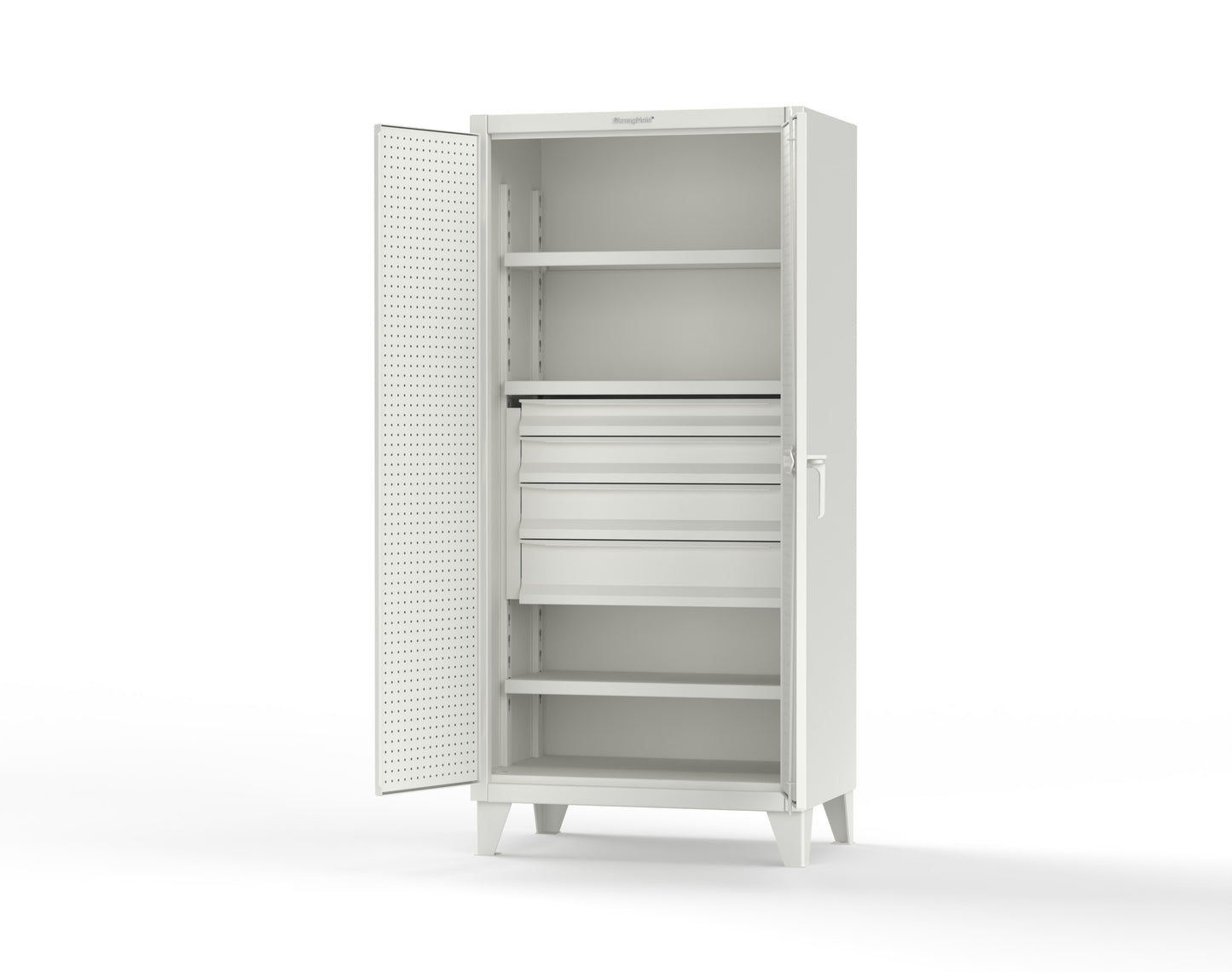 Extreme Duty 12 GA Cabinet with Pegboard Doors, Broom Handles, 4 Drawers, 3 Shelves - 36 In. W x 24 In. D x 78 In. H - 36-PB-243-4DB-BH-9003