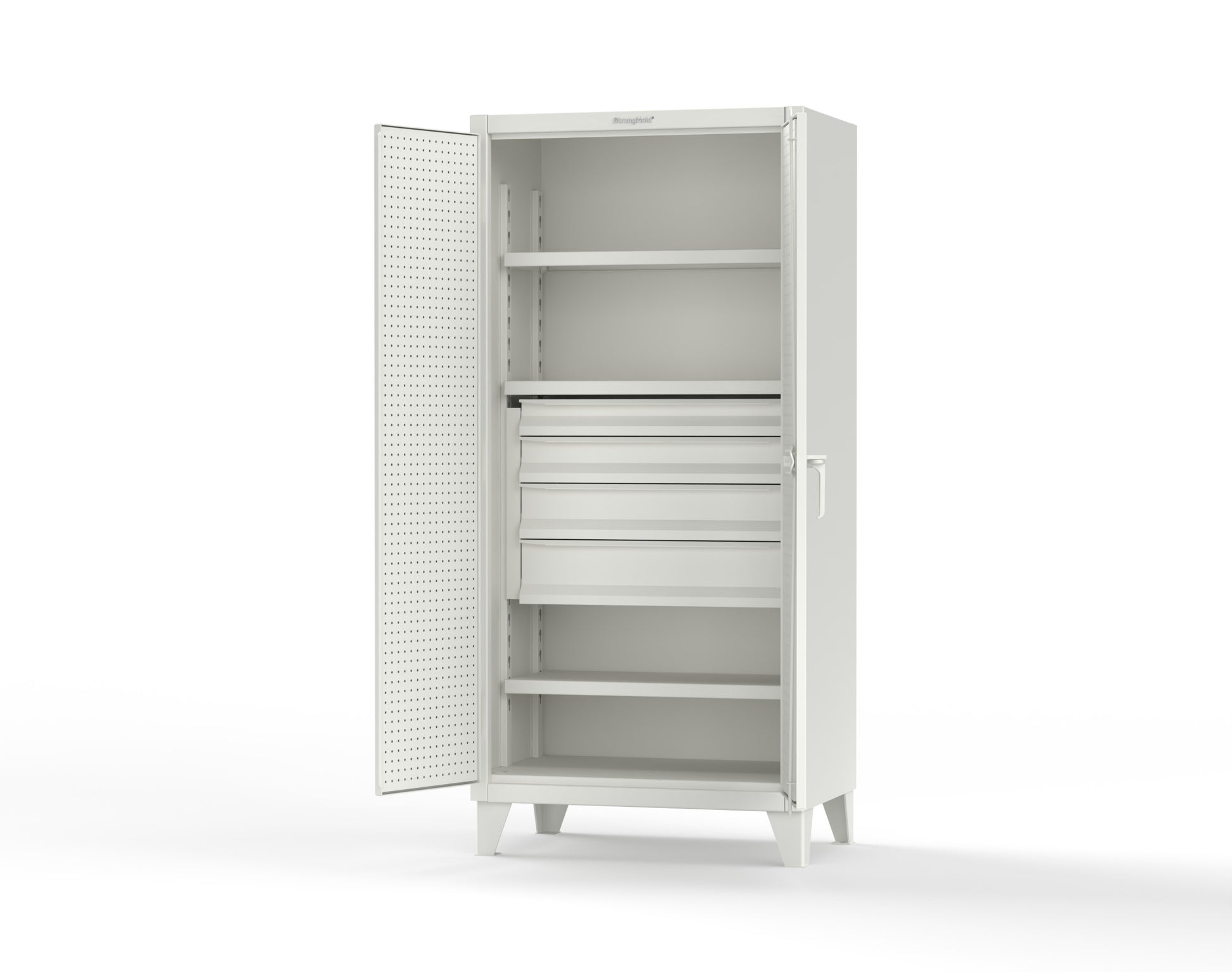 Extreme Duty 12 GA Cabinet with Pegboard Doors, Broom Handles, 4 Drawers, 3 Shelves - 36 In. W x 24 In. D x 78 In. H - 36-PB-243-4DB-BH-9003