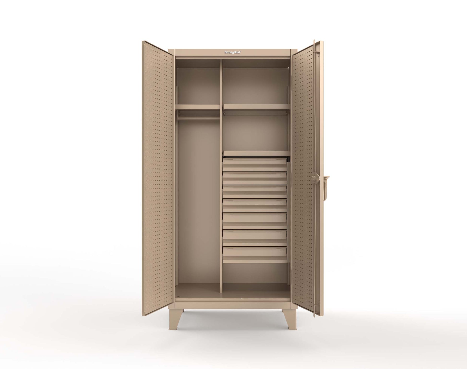 Extreme Duty 12 GA Uniform Cabinet with 7 Drawers, Pegboard, 3 Shelves - 36 In. W x 24 In. D x 78 In. H - 36-W-243-7DB-PB-1019