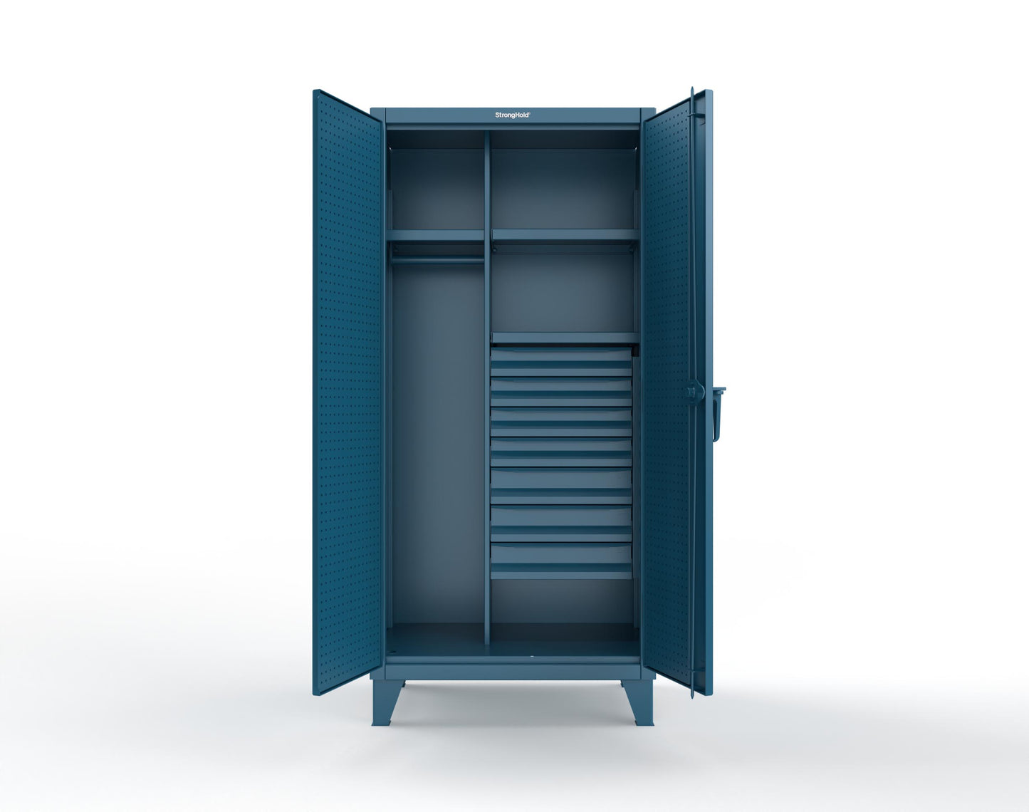 Extreme Duty 12 GA Uniform Cabinet with 7 Drawers, Pegboard, 3 Shelves - 36 In. W x 24 In. D x 78 In. H - 36-W-243-7DB-PB-5001