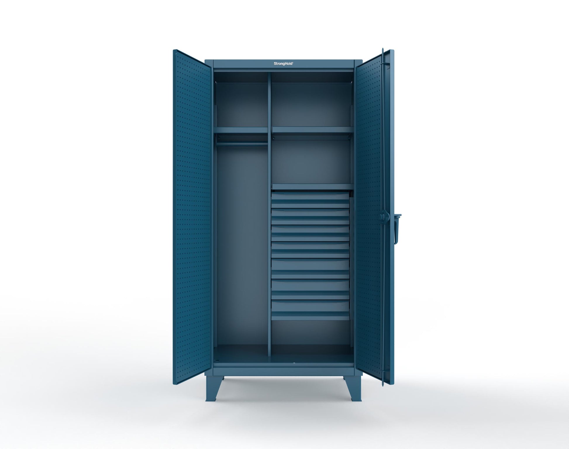 Extreme Duty 12 GA Uniform Cabinet with 7 Drawers, Pegboard, 3 Shelves - 36 In. W x 24 In. D x 78 In. H - 36-W-243-7DB-PB-5001