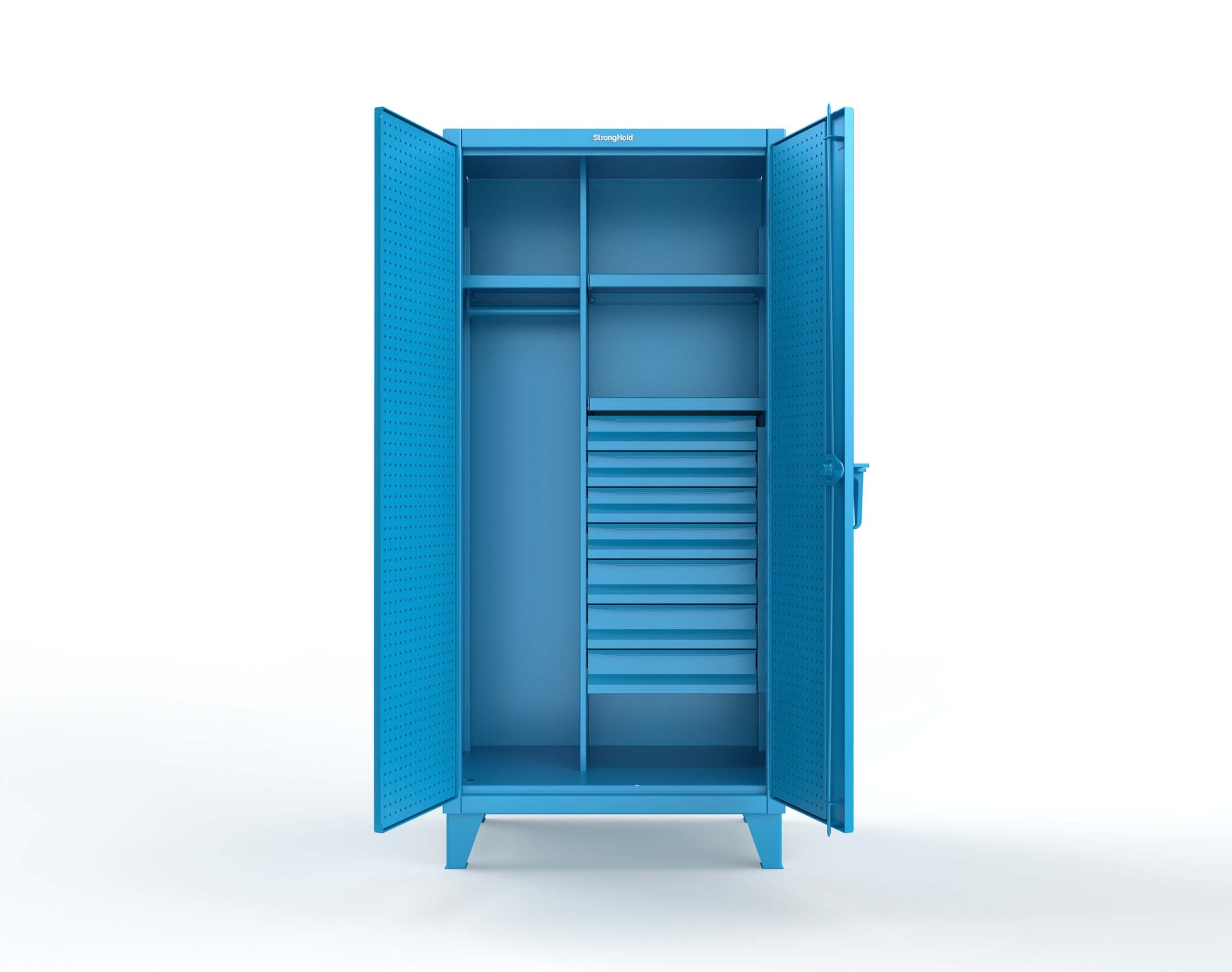 Extreme Duty 12 GA Uniform Cabinet with 7 Drawers, Pegboard, 3 Shelves - 36 In. W x 24 In. D x 78 In. H - 36-W-243-7DB-PB-5012