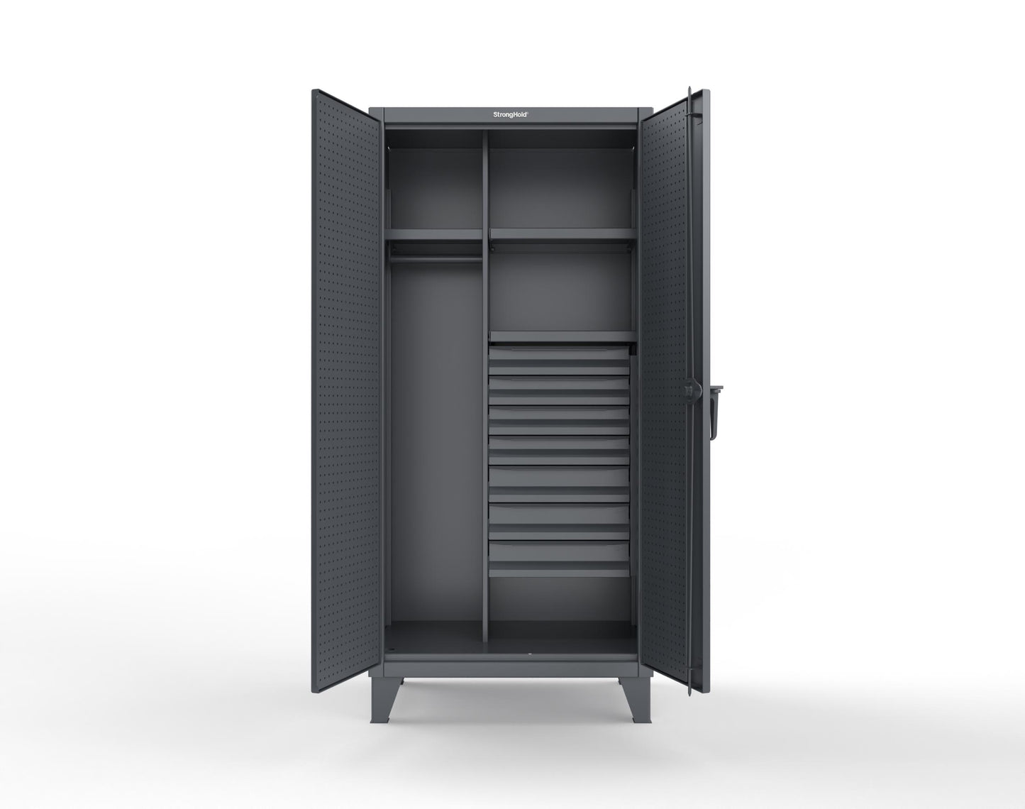 Extreme Duty 12 GA Uniform Cabinet with 7 Drawers, Pegboard, 3 Shelves - 36 In. W x 24 In. D x 78 In. H - 36-W-243-7DB-PB-7024 