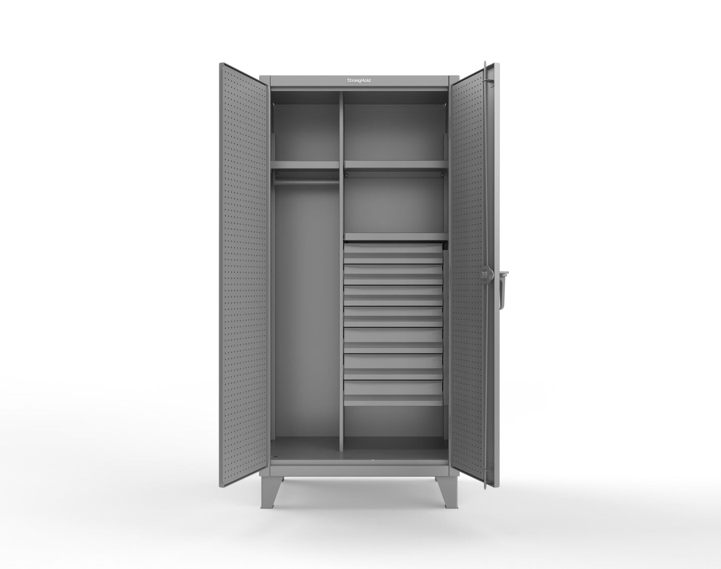 Extreme Duty 12 GA Uniform Cabinet with 7 Drawers, Pegboard, 3 Shelves - 36 In. W x 24 In. D x 78 In. H - 36-W-243-7DB-PB-7037