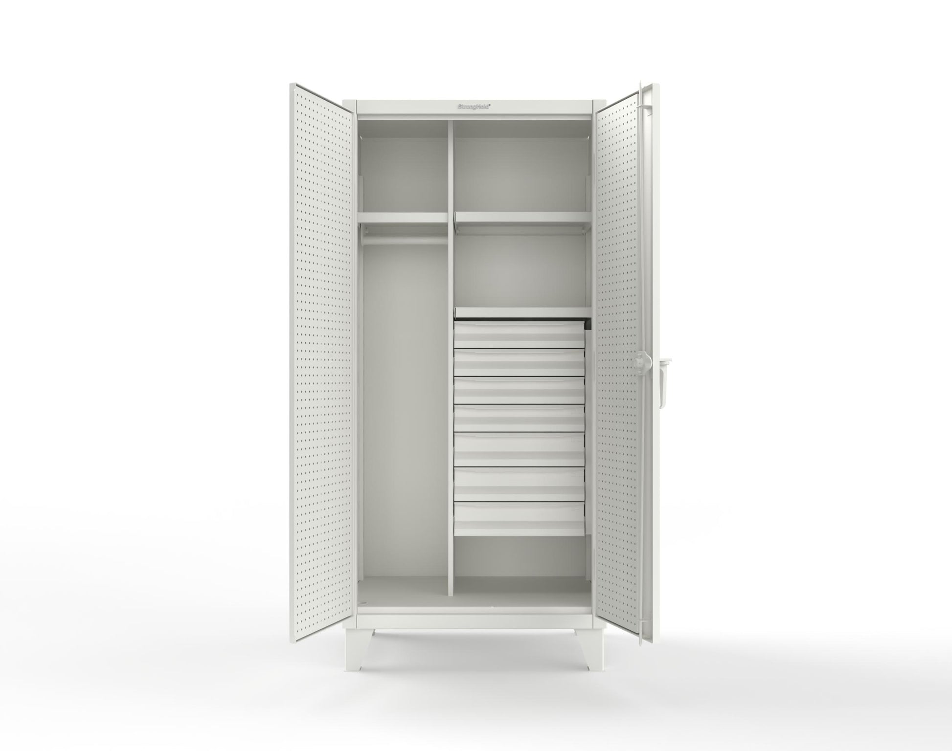 Extreme Duty 12 GA Uniform Cabinet with 7 Drawers, Pegboard, 3 Shelves - 36 In. W x 24 In. D x 78 In. H - 36-W-243-7DB-PB-9003
