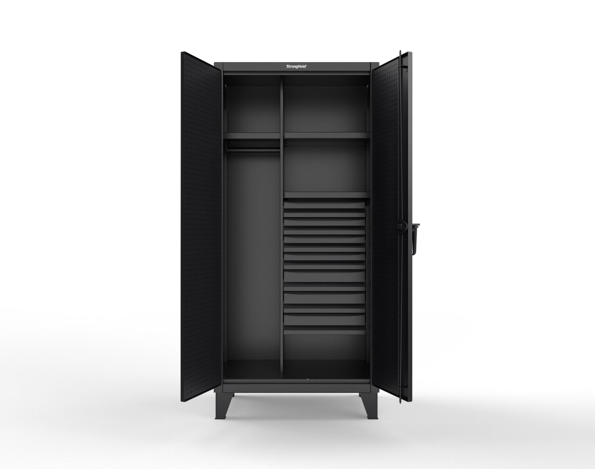 Extreme Duty 12 GA Uniform Cabinet with 7 Drawers, Pegboard, 3 Shelves - 36 In. W x 24 In. D x 78 In. H - 36-W-243-7DB-PB-9005