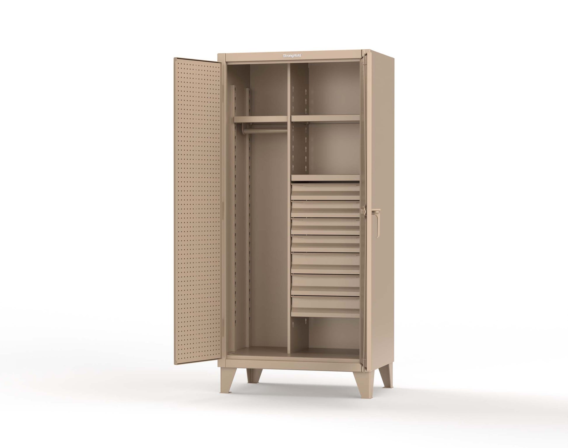 Extreme Duty 12 GA Uniform Cabinet with 7 Drawers, Pegboard, 3 Shelves - 36 In. W x 24 In. D x 78 In. H - 36-W-243-7DB-PB-1019