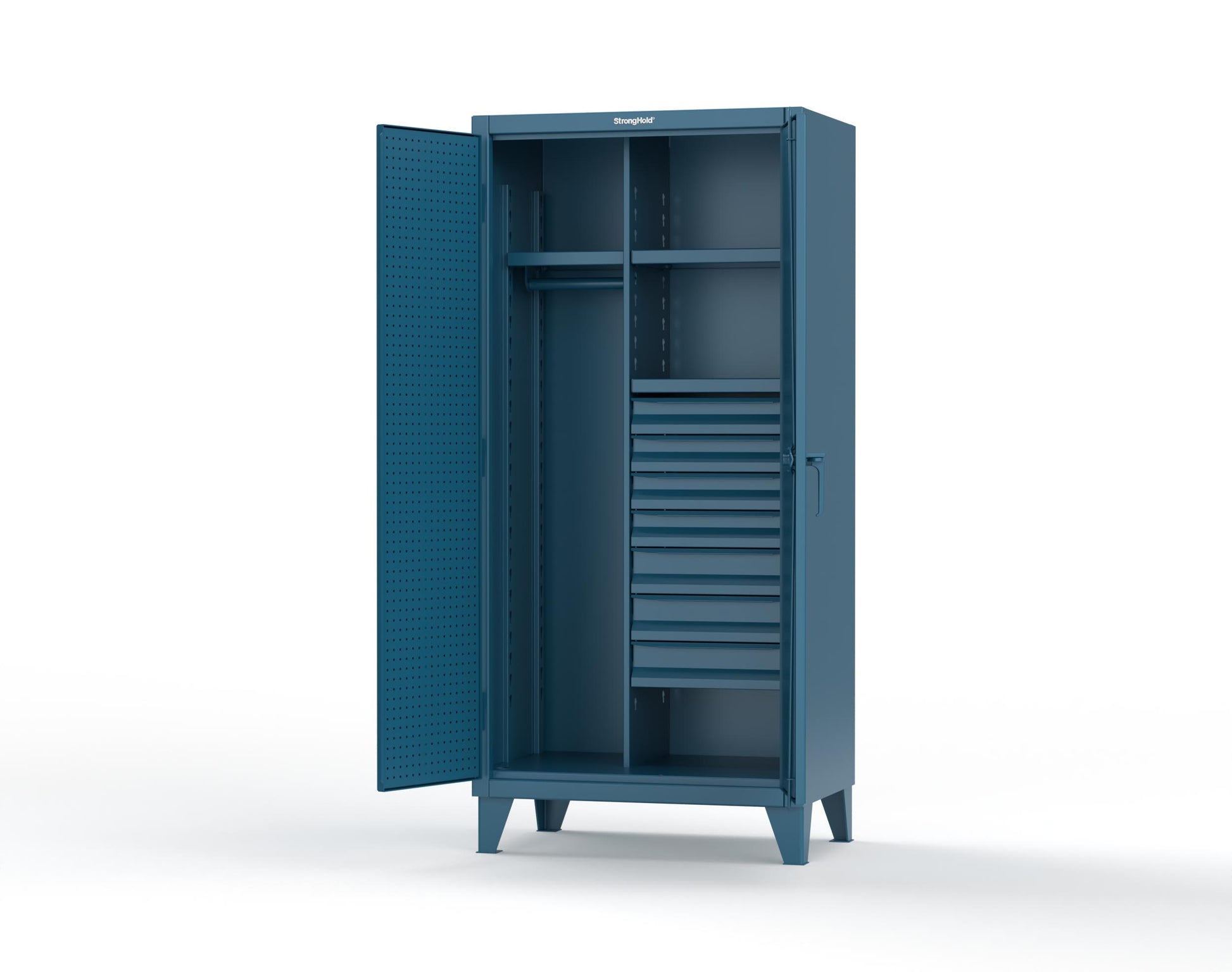 Extreme Duty 12 GA Uniform Cabinet with 7 Drawers, Pegboard, 3 Shelves - 36 In. W x 24 In. D x 78 In. H - 36-W-243-7DB-PB-5001