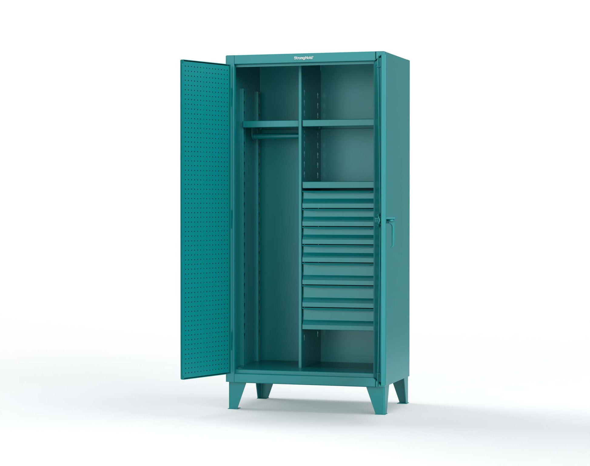 Extreme Duty 12 GA Uniform Cabinet with 7 Drawers, Pegboard, 3 Shelves - 36 In. W x 24 In. D x 78 In. H - 36-W-243-7DB-PB-5021