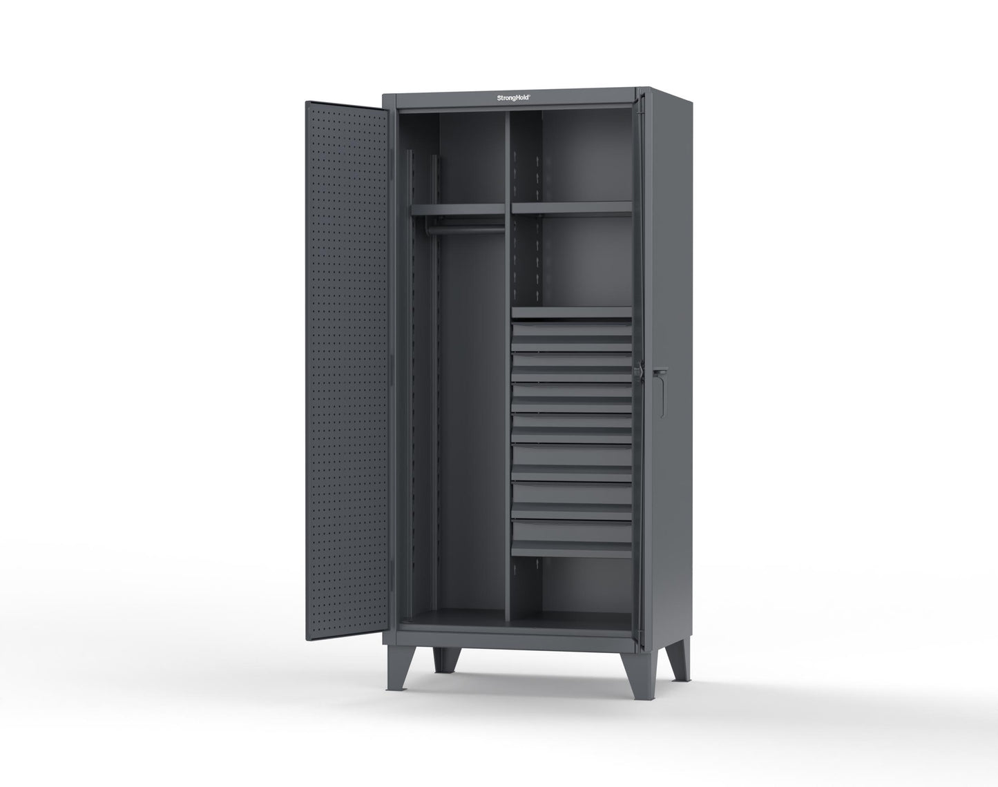 Extreme Duty 12 GA Uniform Cabinet with 7 Drawers, Pegboard, 3 Shelves - 36 In. W x 24 In. D x 78 In. H - 36-W-243-7DB-PB-7024 