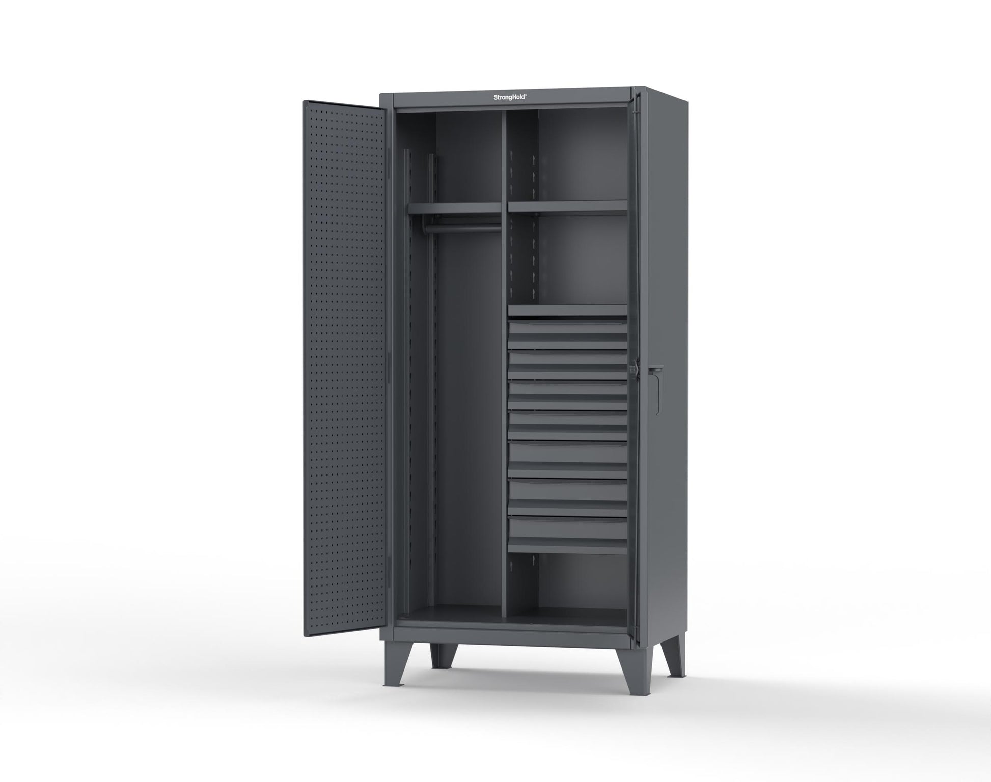 Extreme Duty 12 GA Uniform Cabinet with 7 Drawers, Pegboard, 3 Shelves - 36 In. W x 24 In. D x 78 In. H - 36-W-243-7DB-PB-7024 