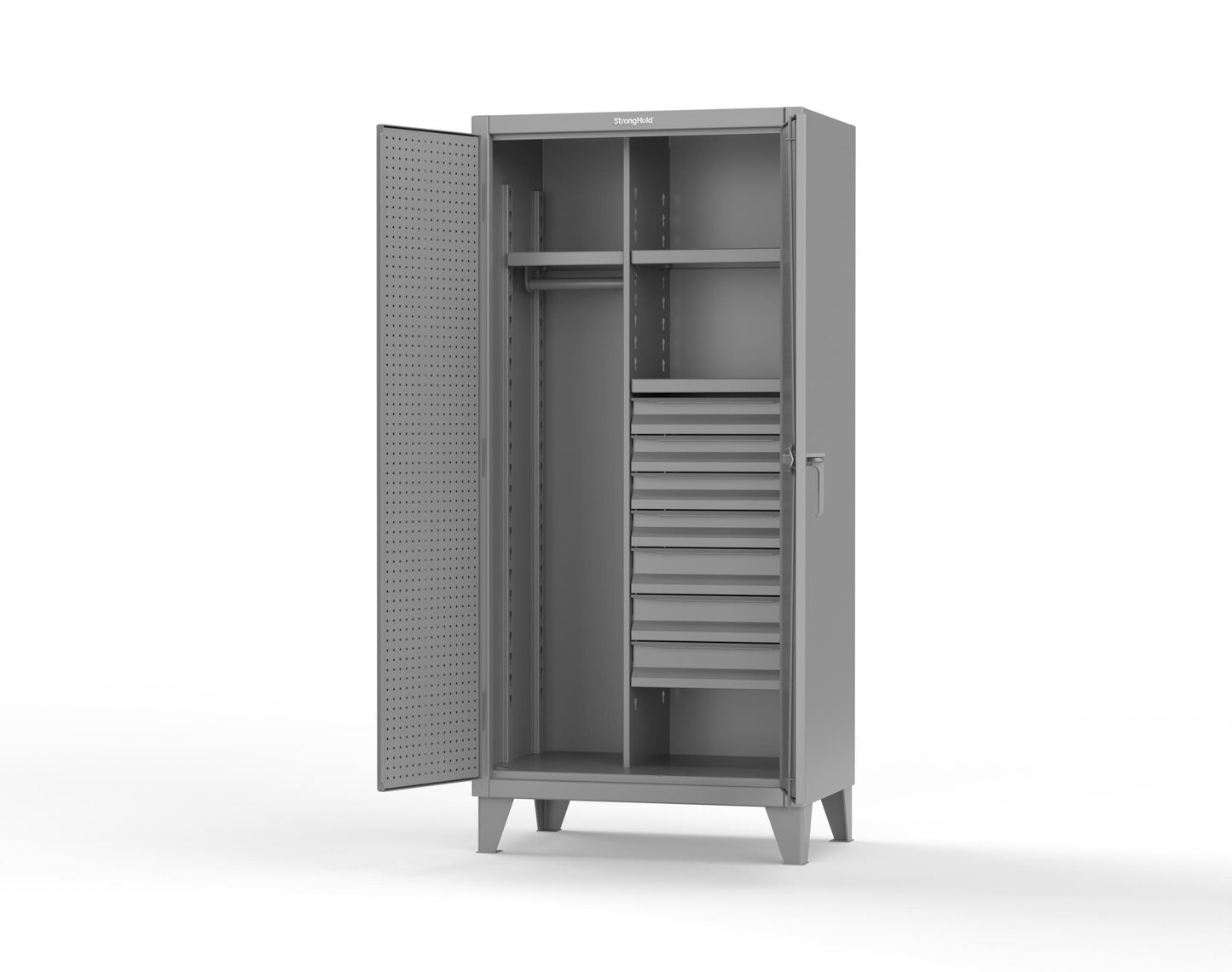 Extreme Duty 12 GA Uniform Cabinet with 7 Drawers, Pegboard, 3 Shelves - 36 In. W x 24 In. D x 78 In. H - 36-W-243-7DB-PB-7037