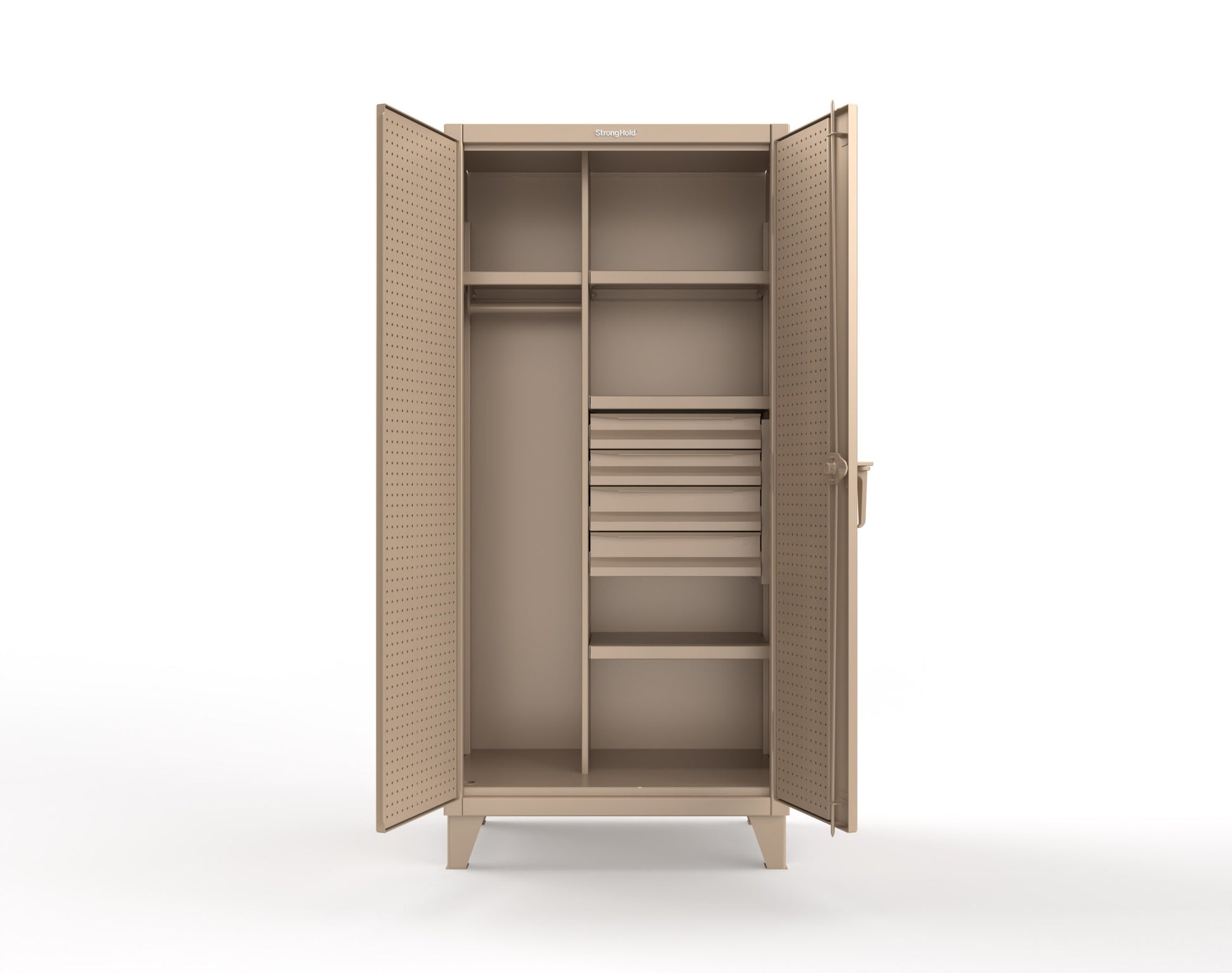 Extreme Duty 12 GA Uniform Cabinet with 4 Drawers, Pegboard, 4 Shelves - 36 In. W x 24 In. D x 78 In. H - 36-W-244-4DB-PB-1019