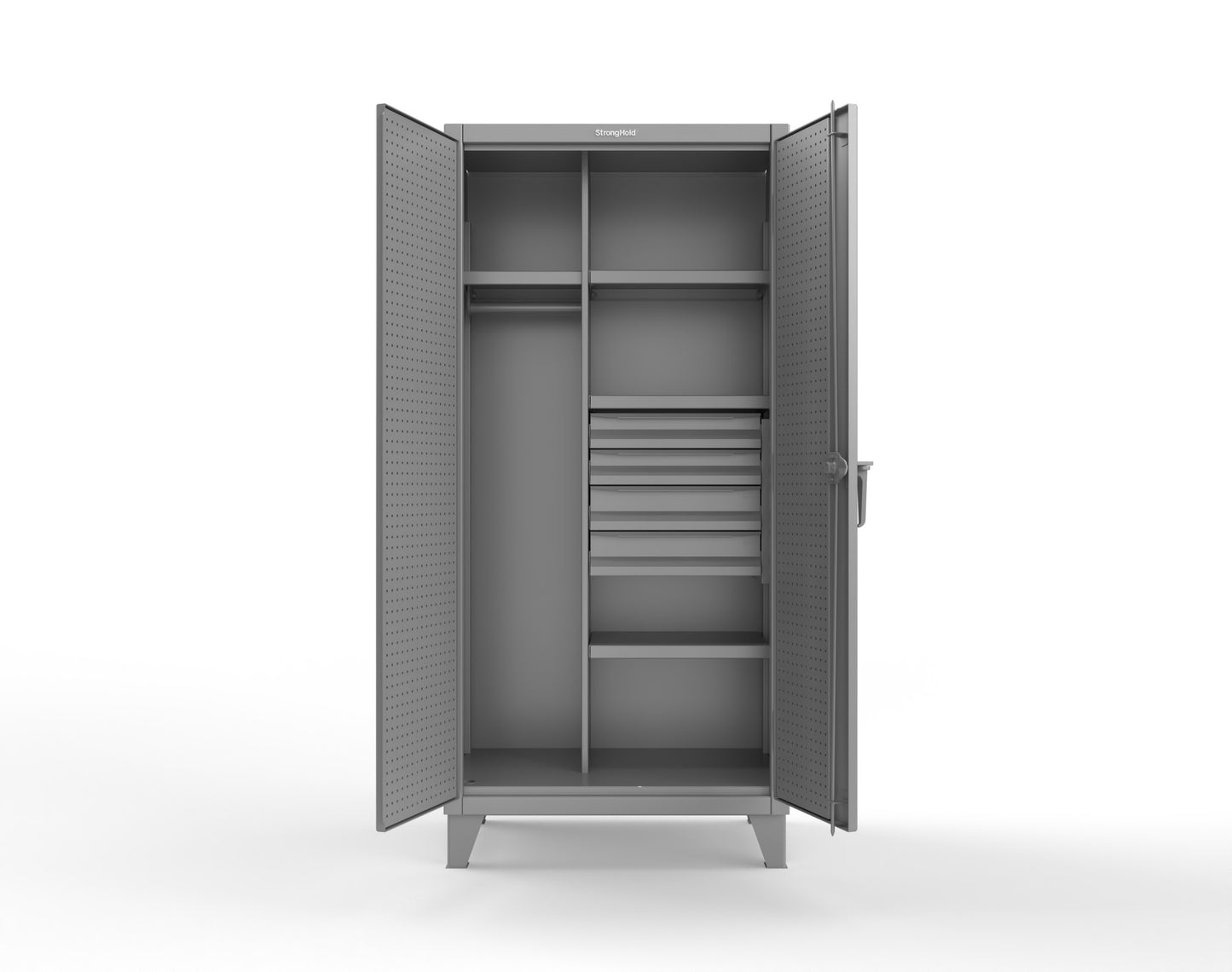 Extreme Duty 12 GA Uniform Cabinet with 4 Drawers, Pegboard, 4 Shelves - 36 In. W x 24 In. D x 78 In. H - 36-W-244-4DB-PB-7037