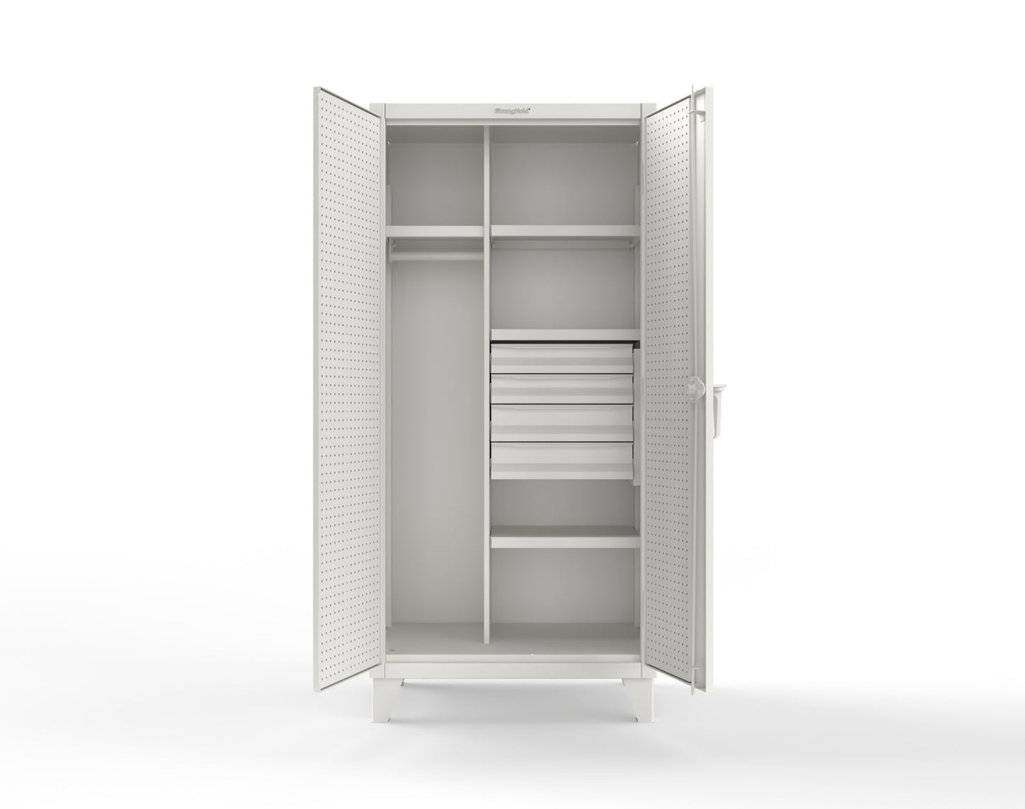 Extreme Duty 12 GA Uniform Cabinet with 4 Drawers, Pegboard, 4 Shelves - 36 In. W x 24 In. D x 78 In. H - 36-W-244-4DB-PB-9003
