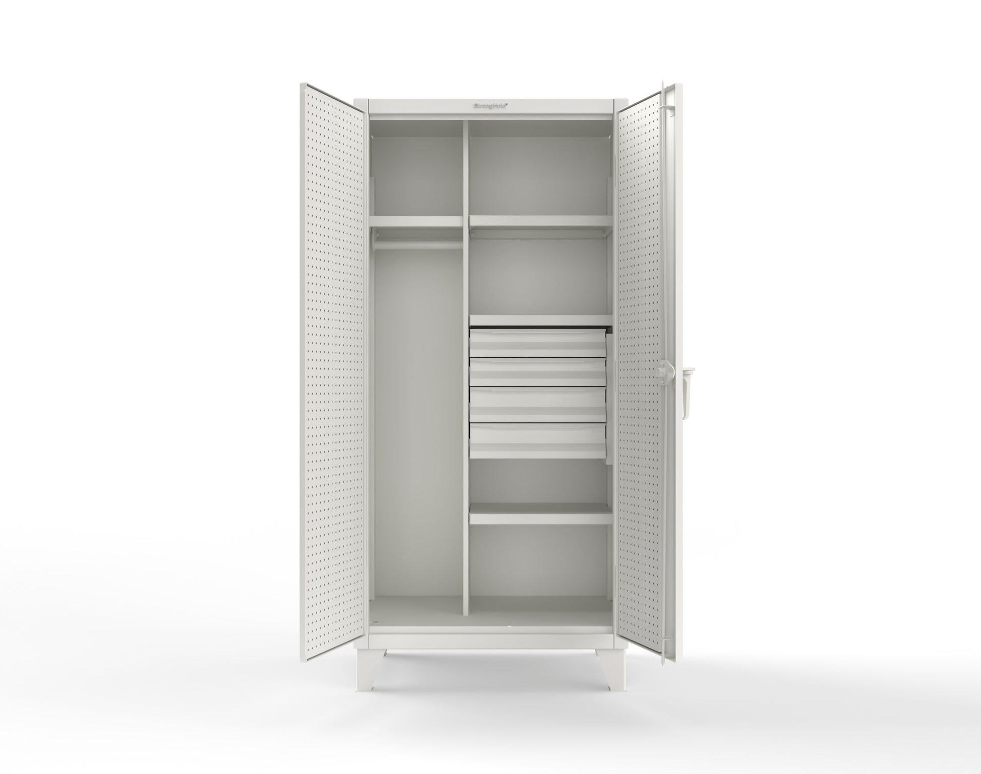 Extreme Duty 12 GA Uniform Cabinet with 4 Drawers, Pegboard, 4 Shelves - 36 In. W x 24 In. D x 78 In. H - 36-W-244-4DB-PB-9003
