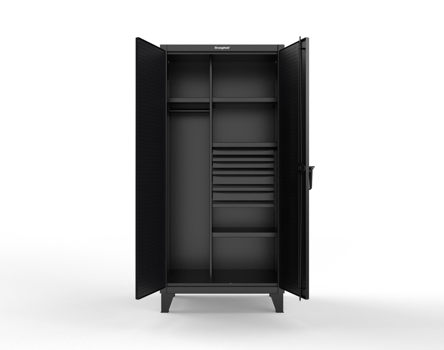 Extreme Duty 12 GA Uniform Cabinet with 4 Drawers, Pegboard, 4 Shelves - 36 In. W x 24 In. D x 78 In. H - 36-W-244-4DB-PB-9005