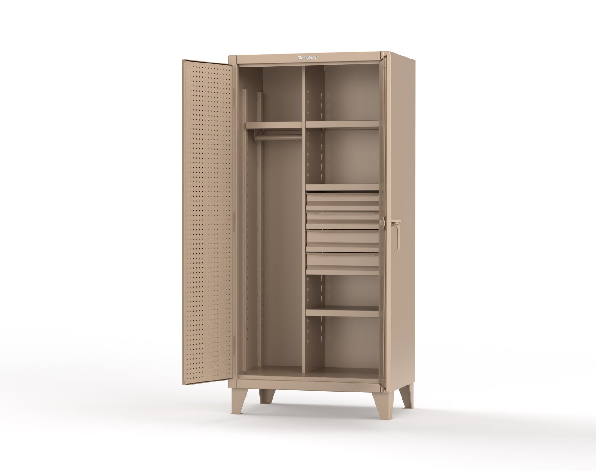 Extreme Duty 12 GA Uniform Cabinet with 4 Drawers, Pegboard, 4 Shelves - 36 In. W x 24 In. D x 78 In. H - 36-W-244-4DB-PB-1019