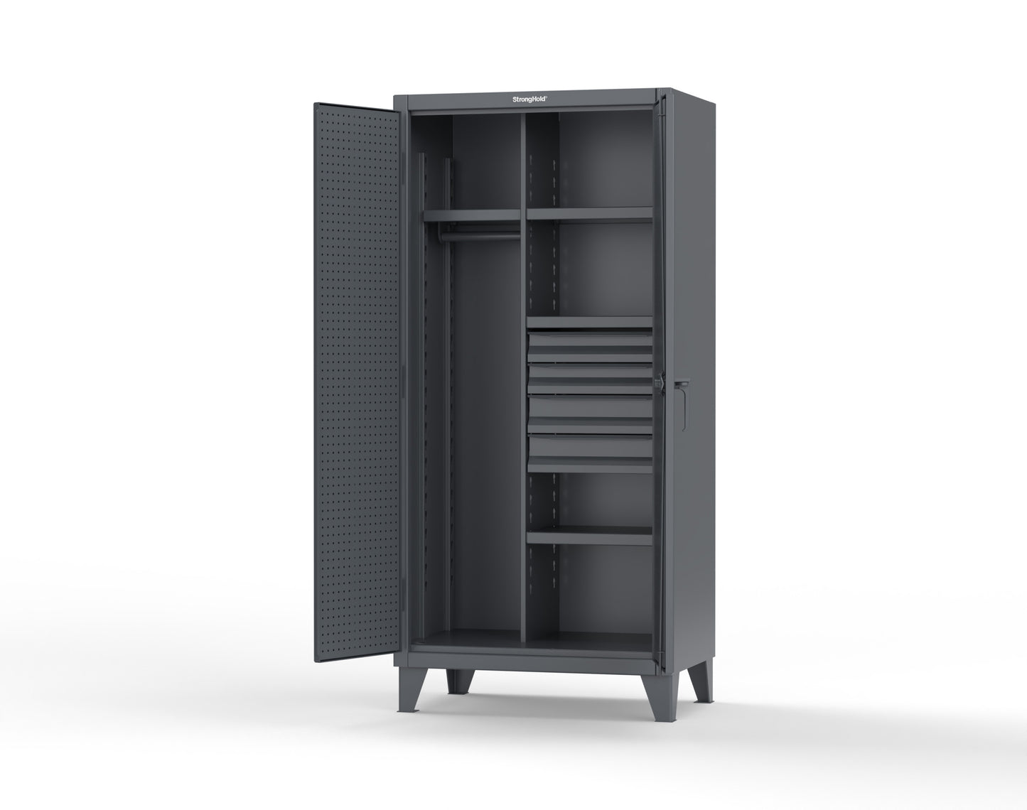 Extreme Duty 12 GA Uniform Cabinet with 4 Drawers, Pegboard, 4 Shelves - 36 In. W x 24 In. D x 78 In. H - 36-W-244-4DB-PB-7024