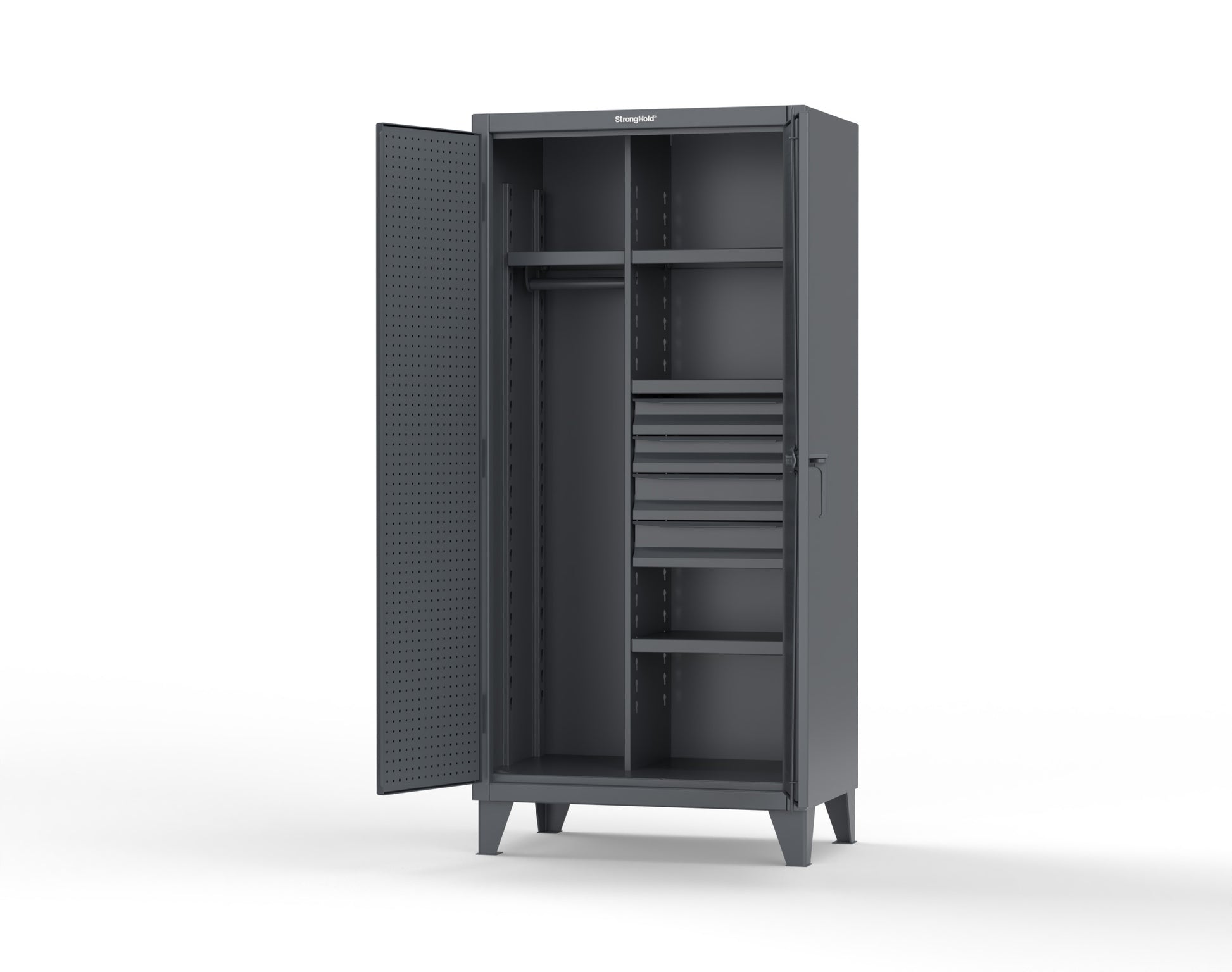 Extreme Duty 12 GA Uniform Cabinet with 4 Drawers, Pegboard, 4 Shelves - 36 In. W x 24 In. D x 78 In. H - 36-W-244-4DB-PB-7024