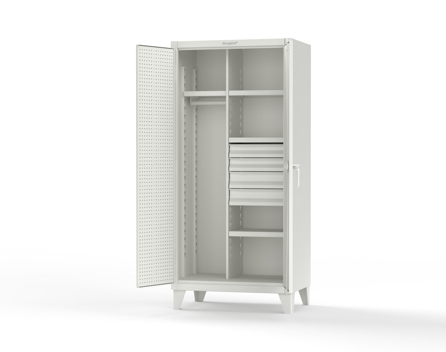 Extreme Duty 12 GA Uniform Cabinet with 4 Drawers, Pegboard, 4 Shelves - 36 In. W x 24 In. D x 78 In. H - 36-W-244-4DB-PB-9003