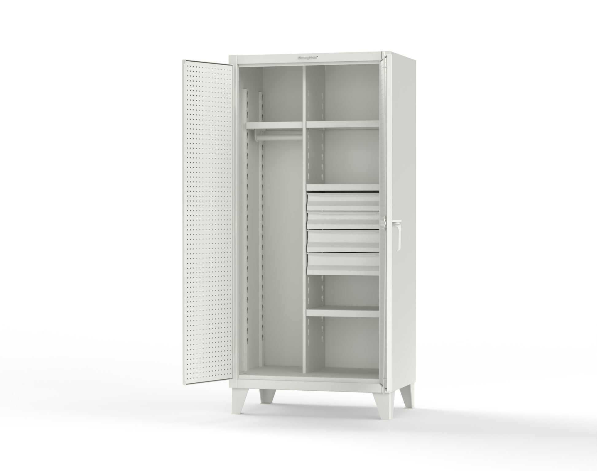 Extreme Duty 12 GA Uniform Cabinet with 4 Drawers, Pegboard, 4 Shelves - 36 In. W x 24 In. D x 78 In. H - 36-W-244-4DB-PB-9003