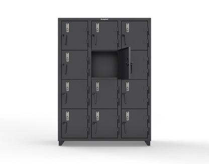 Extra Heavy Duty 14 GA 4-Tier Locker with Keyless Entry Lock, 12 Compartments – 54 in. W x 18 in. D x 75 in. H - 4.66-12D-18-4T-EK-L-9005
