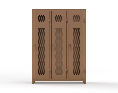 Extra Heavy Duty 14 GA Ventilated Single-Tier Locker with Shelf and Hanger Rod, 3 Compartments - 54 in. W x 18 in. D x 75 in. H - 4.66-3H-18-1T-L-8008
