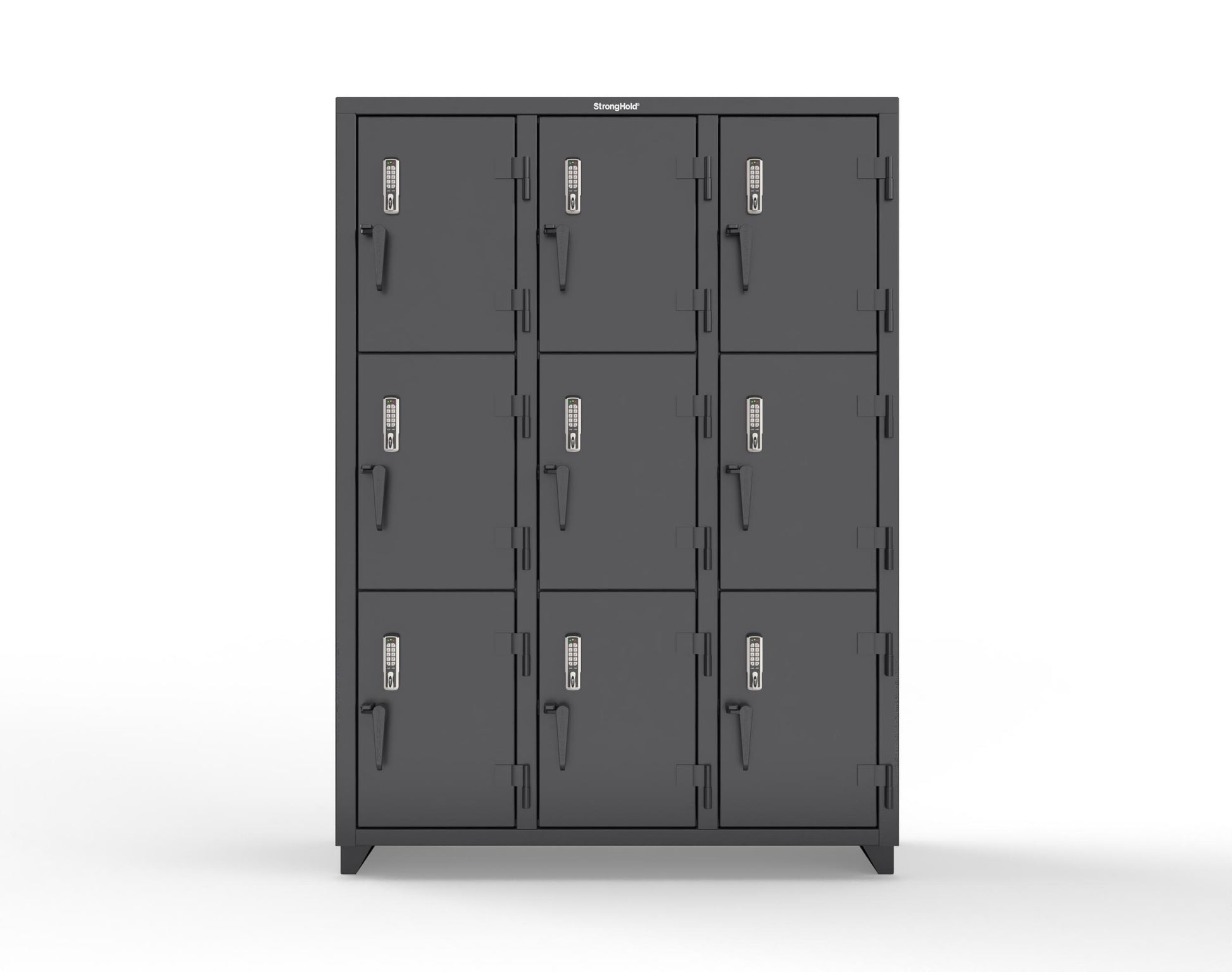 Extra Heavy Duty 14 GA Triple-Tier Locker with Keyless Entry Lock, 9 Compartments – 54 in. W x 18 in. D x 75 in. H - 4.66-9D-18-3T-EK-L-9005